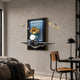 Blue Astronaut Glow 3D Portal Wall Art by Giant Sculptures mounted on a grey bedroom wall, with the gold-helmeted figure holding an LED orb beside floating planets.