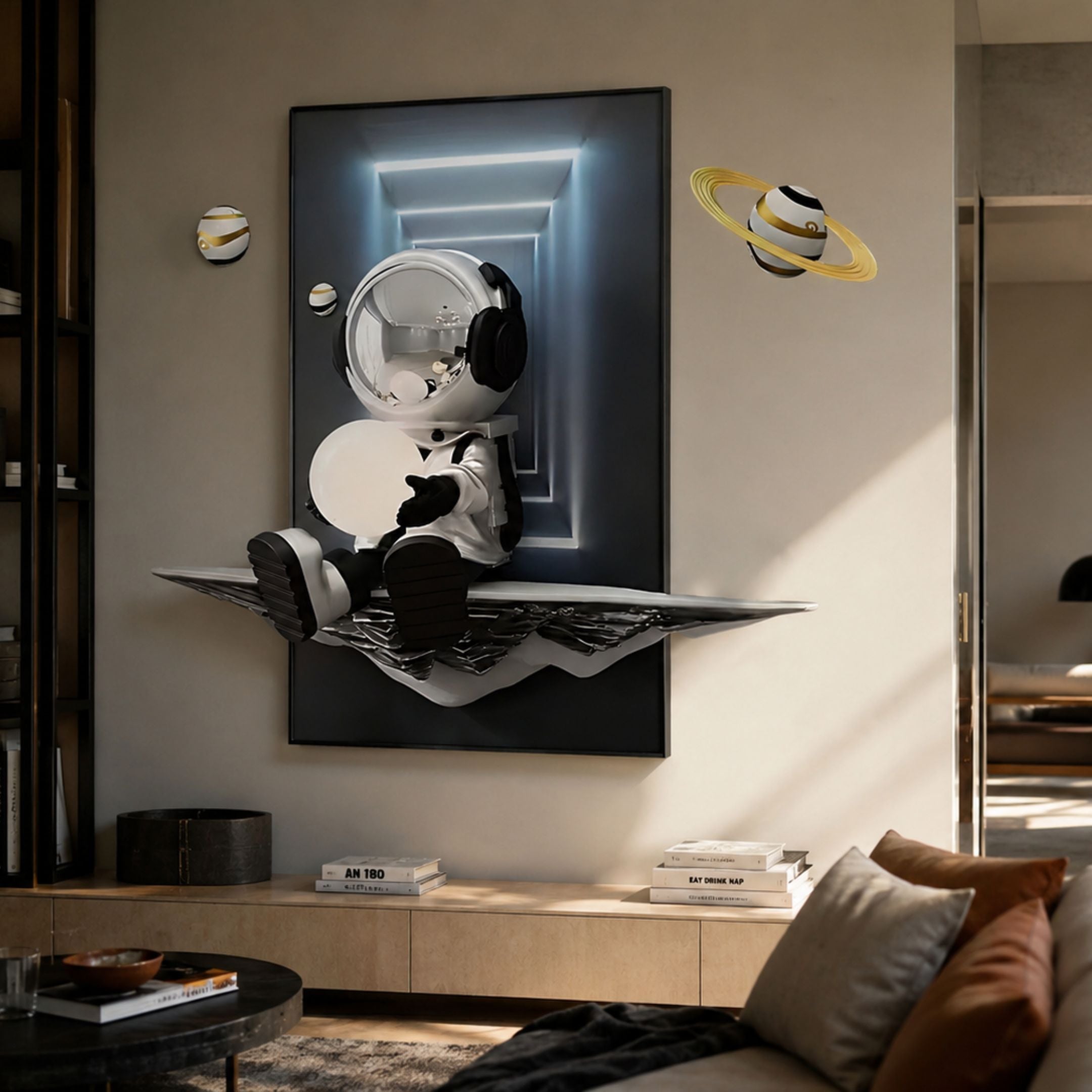 Silver Astronaut Glow 3D Portal Wall Art by Giant Sculptures displayed in a modern living room above a low timber console, with two ringed planets flanking the LED-lit portal scene.