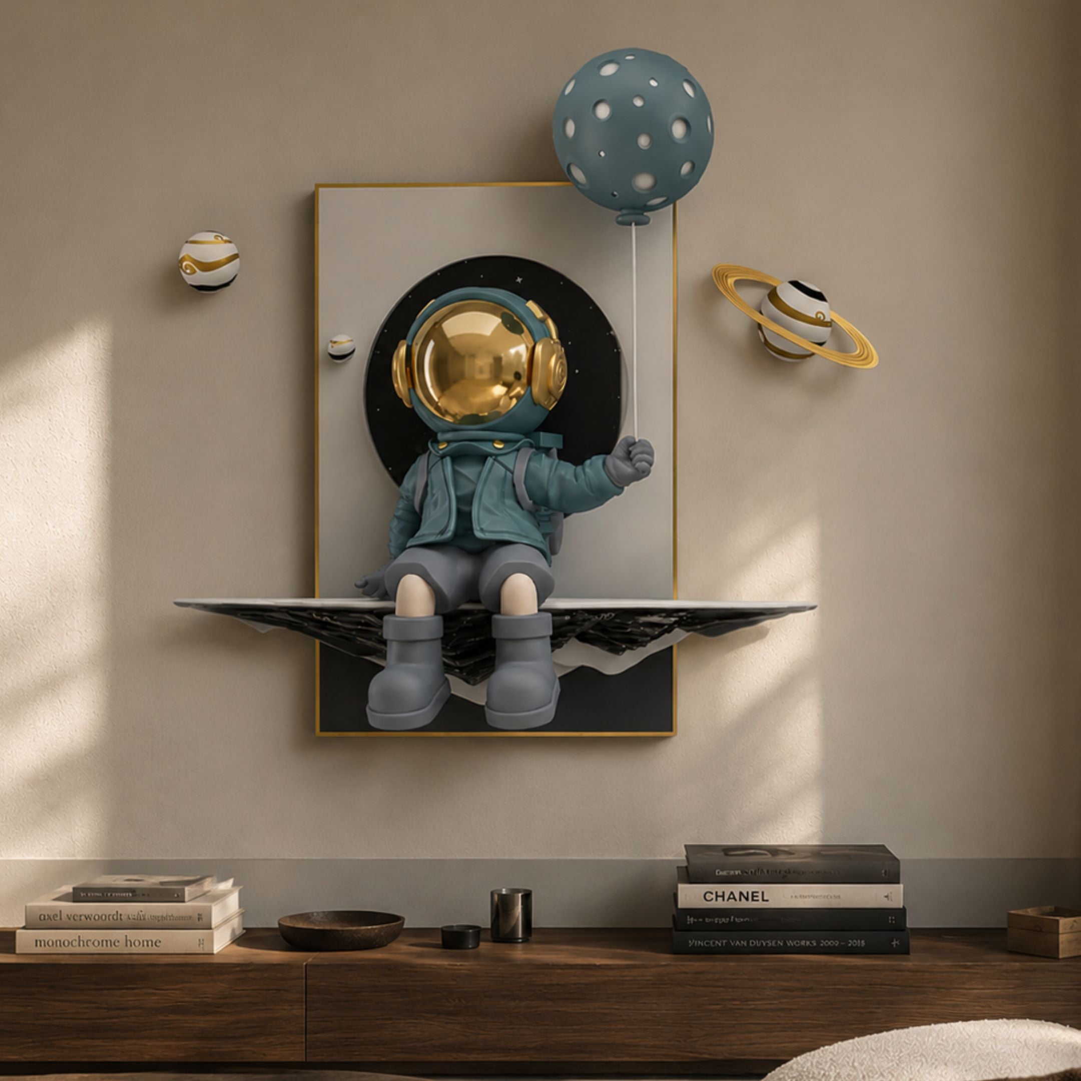 Blue Balloon Astronaut 3D Portal Wall Art by Giant Sculptures mounted above a dark timber console with books, flanked by planet accents on a neutral wall.