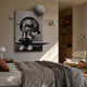 Silver Balloon Astronaut 3D Portal Wall Art by Giant Sculptures, chrome astronaut tethered to a moon balloon with ringed planets, mounted in a modern bedroom.