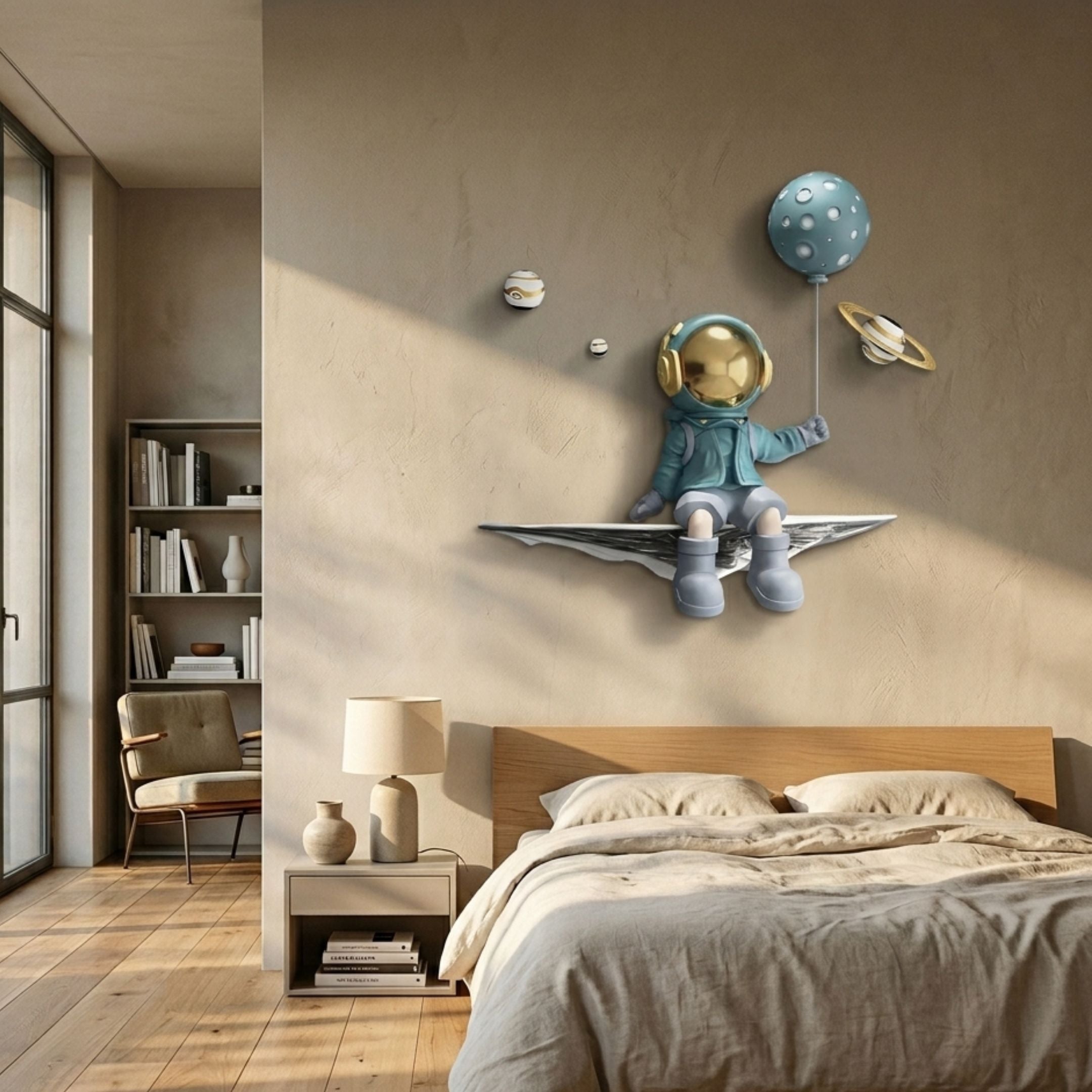 Blue 3D Dreamer Balloon Astronaut Wall Art by Giant Sculptures, with gold visor and teal balloon, mounted above a wooden bed in a neutral-toned bedroom.