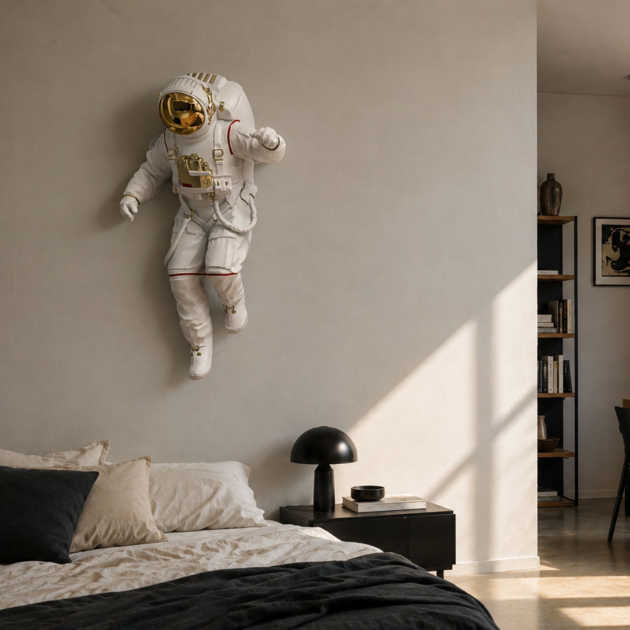 White 3D Cosmic Lift Astronaut Wall Art by Giant Sculptures mounted above a bed, mid-lift pose with gold visor and red accents, beside a black nightstand.