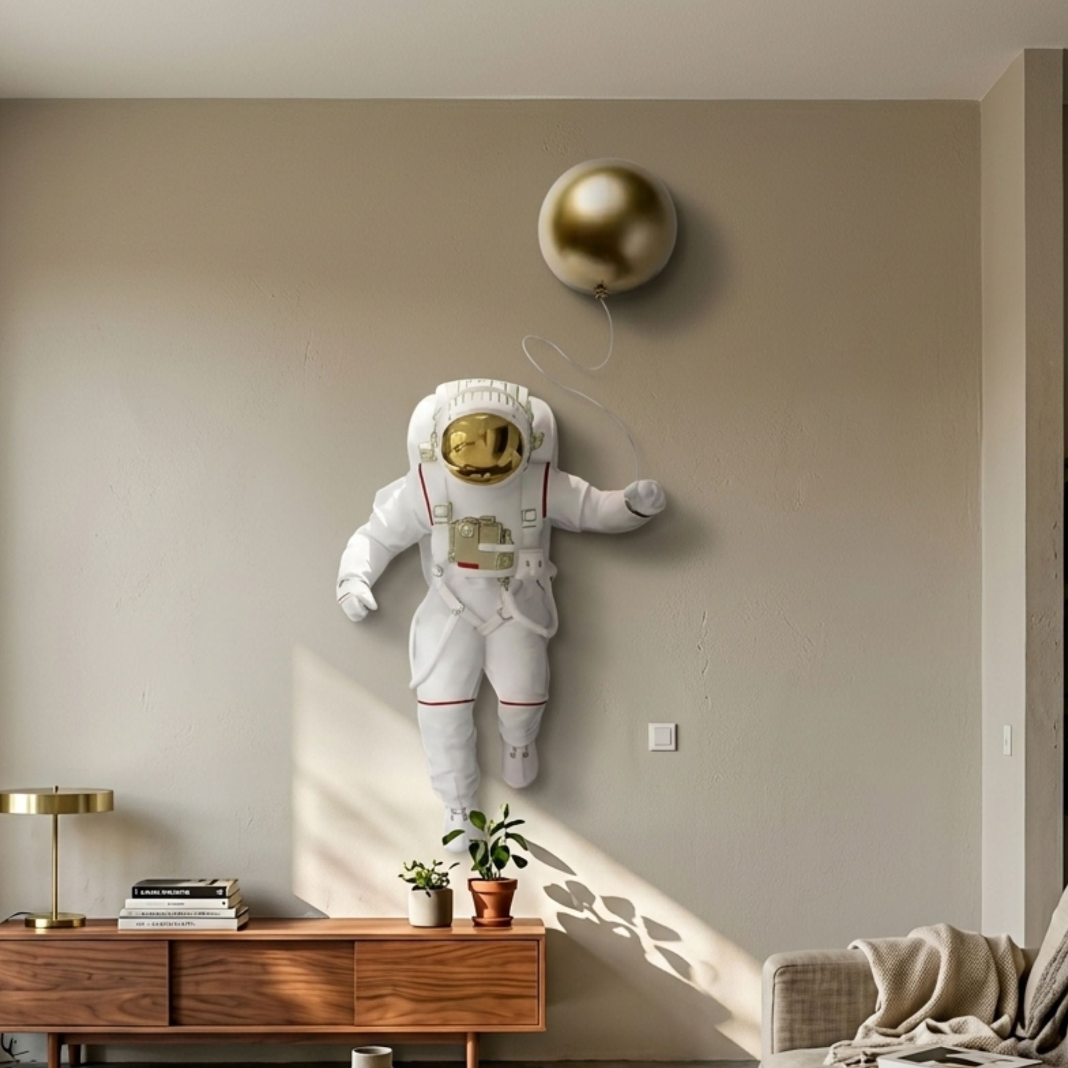 White 3D Cosmic Lift Balloon Astronaut Wall Art 58cm by Giant Sculptures mounted above a wooden sideboard, floating with a gold balloon on a beige living room wall.