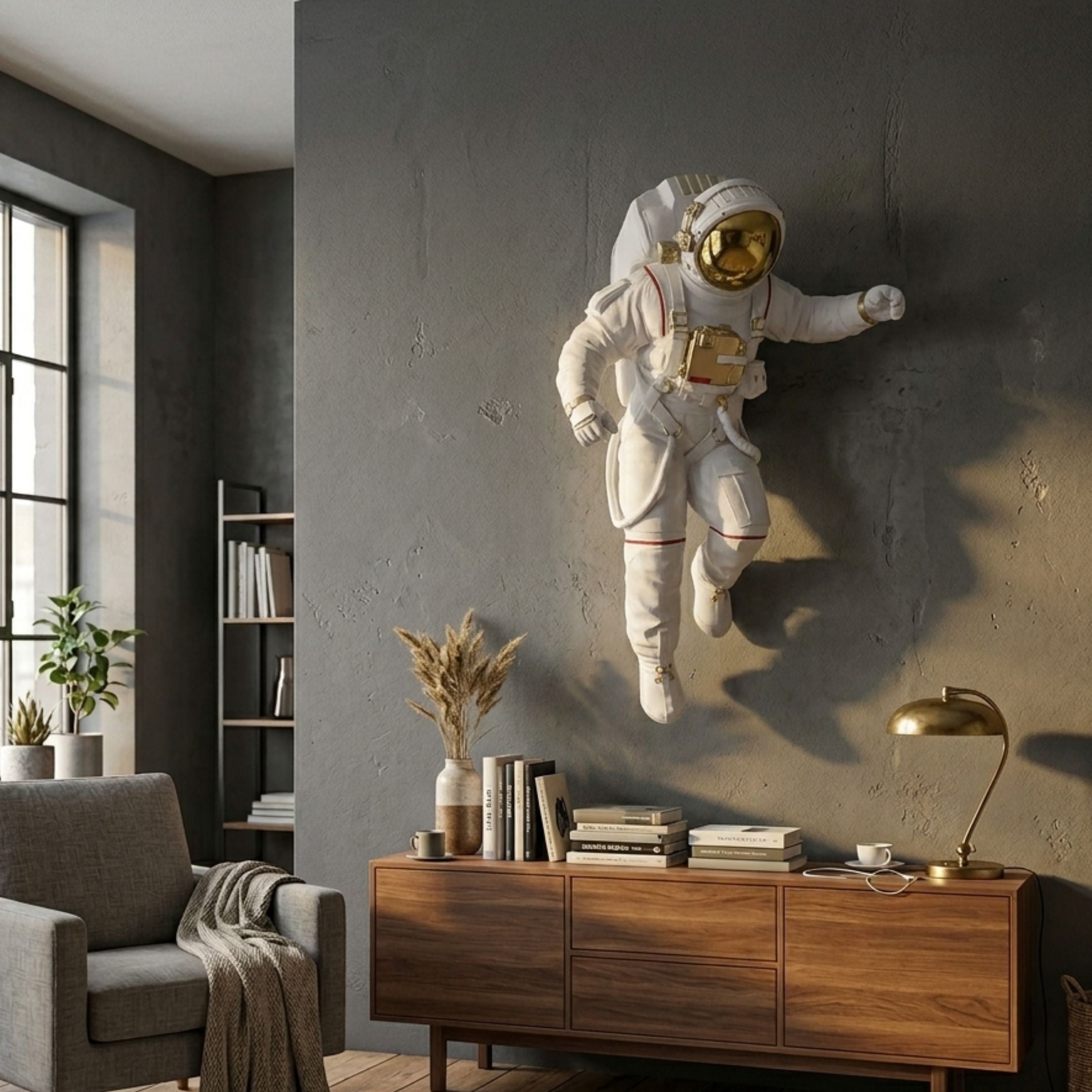 White 3D Cosmic Lift Astronaut Wall Art by Giant Sculptures, mounted mid-float on a grey wall above a walnut sideboard with books, lamp, and armchair nearby.