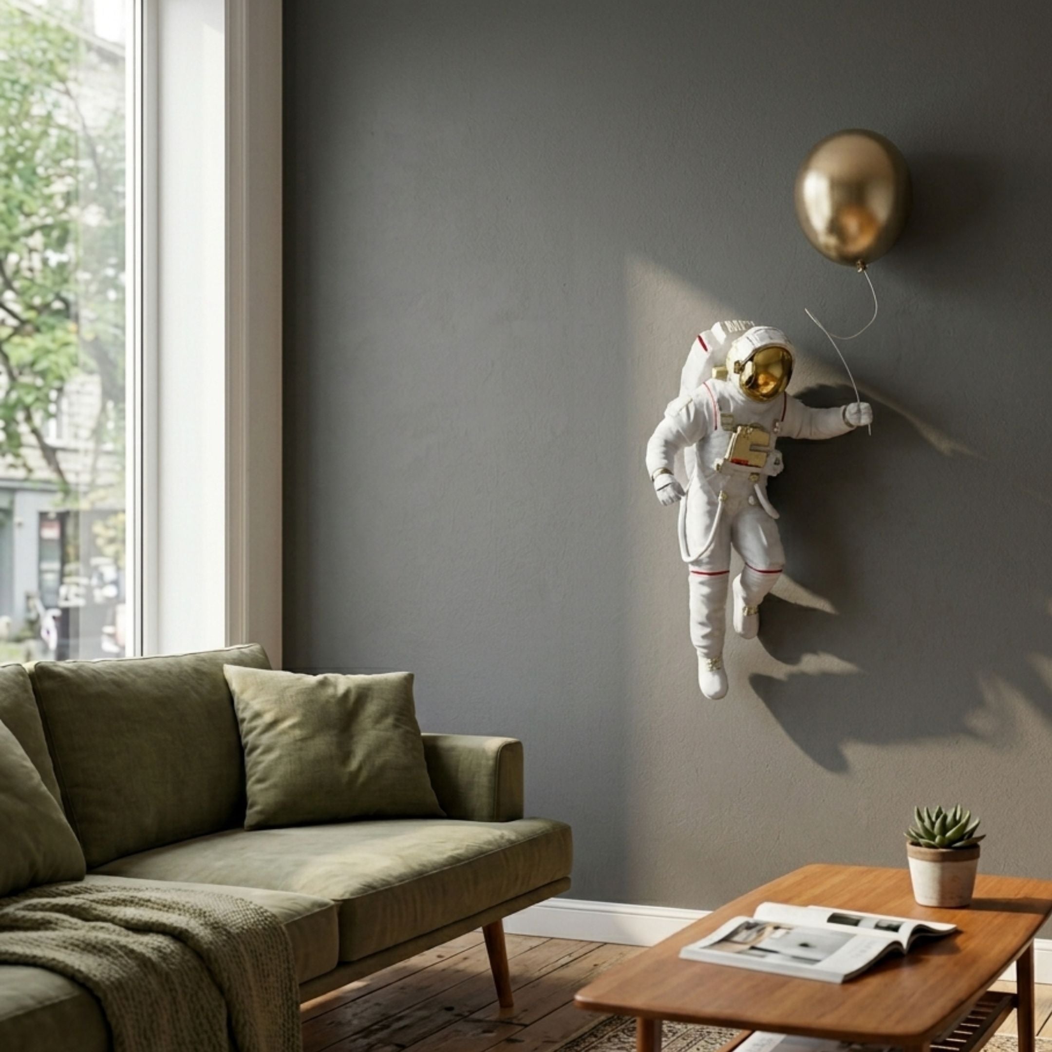 White 3D Cosmic Lift Balloon Astronaut Wall Art mounted on a grey living room wall above a green sofa, figure drifting outward holding a gold balloon.
