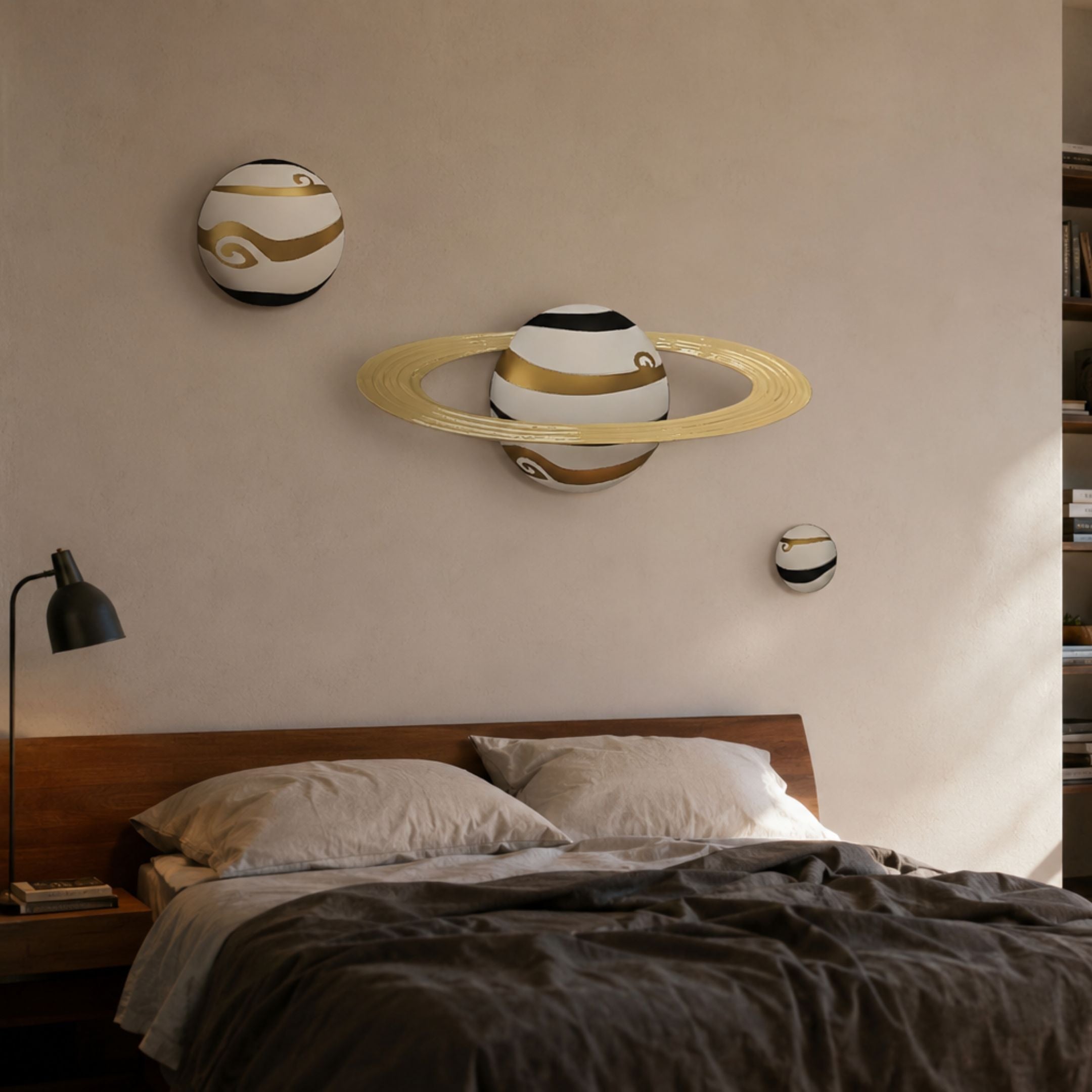 White & Gold Orbit Planets 3D Wall Art by Giant Sculptures displayed above a wooden bed, featuring three marbled planets with a gold Saturn-style ring.
