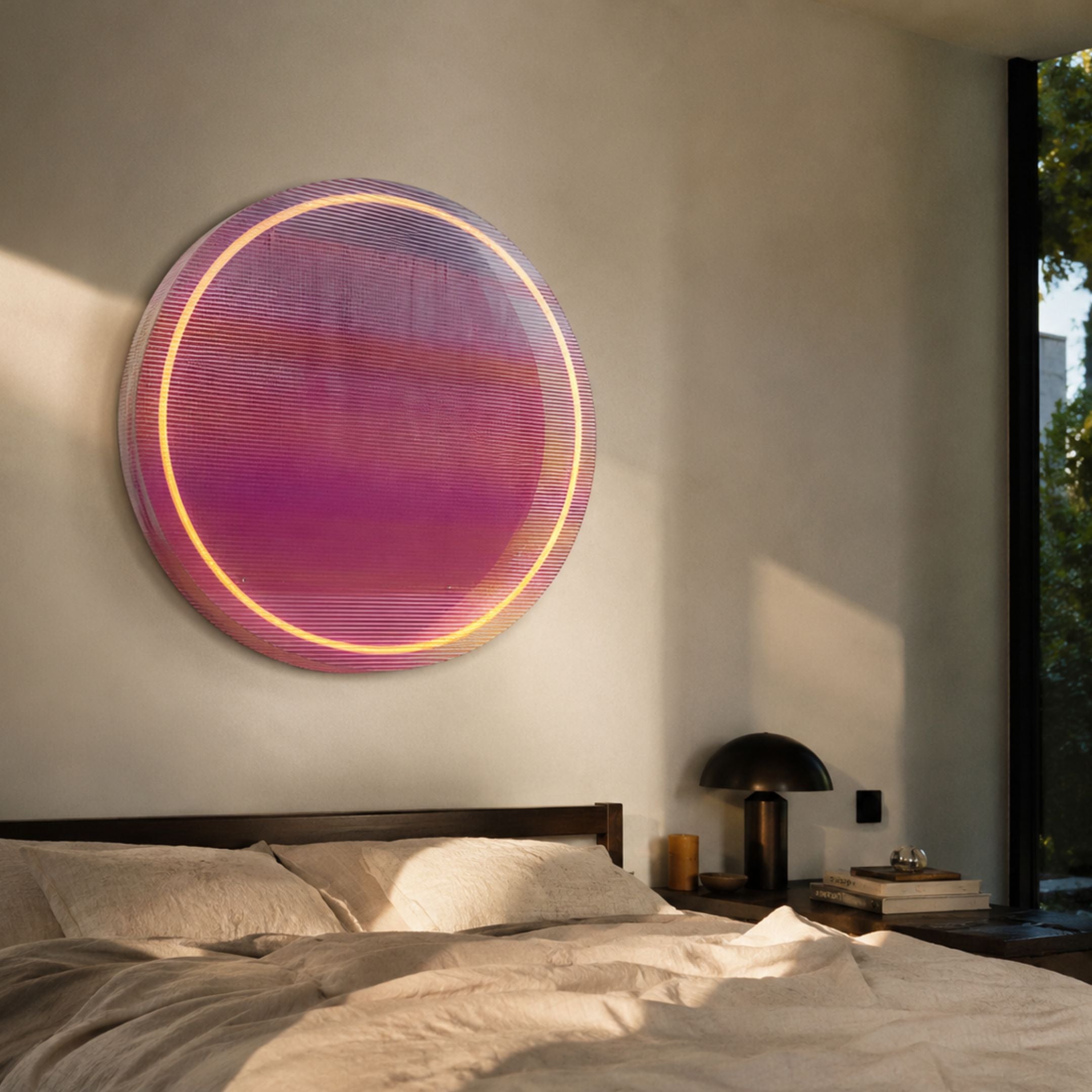 Chromia Orchid Twilight Acrylic 3D LED Wall Art mounted above a wooden bed, glowing yellow ring within layered pink and purple translucent discs.