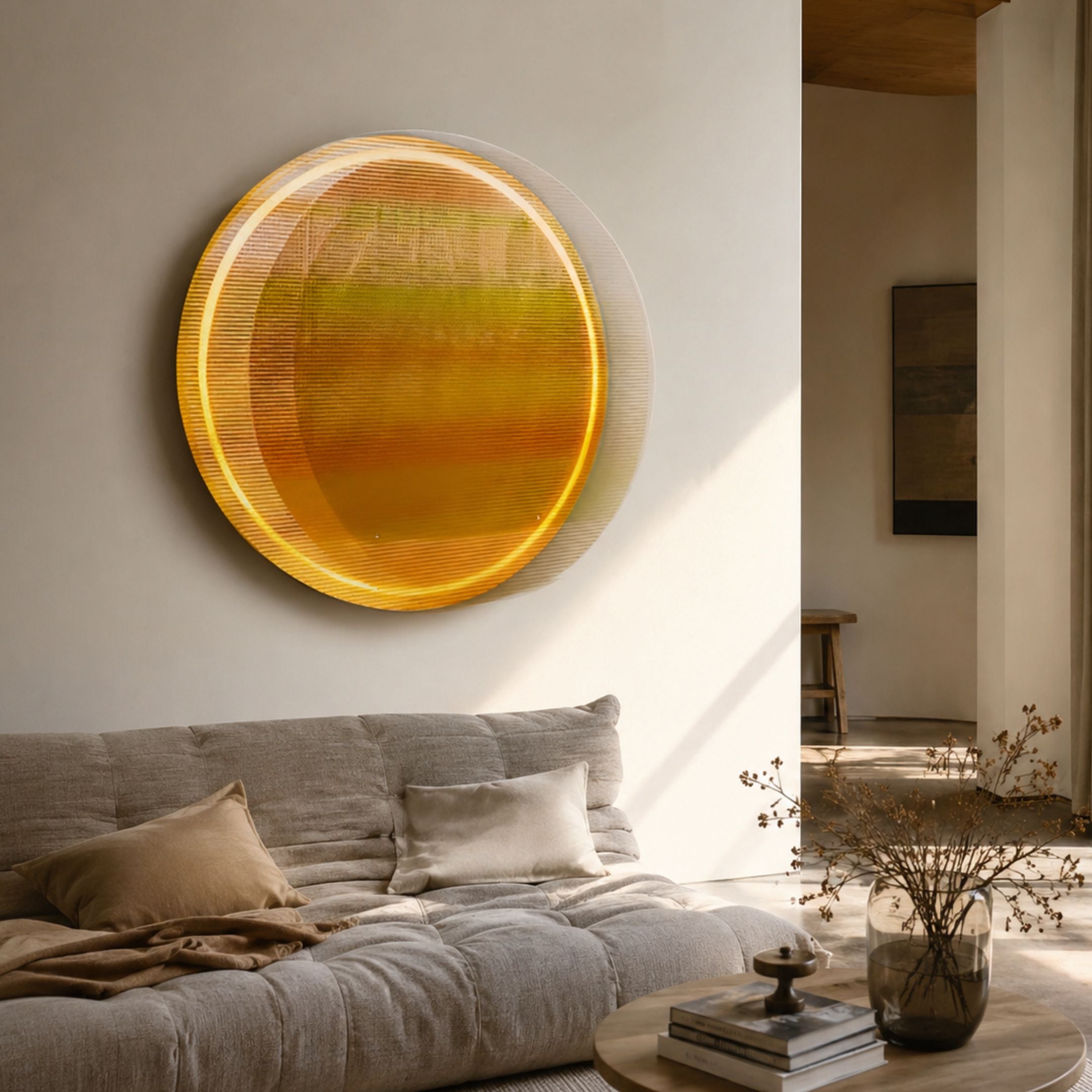 Chromia Golden Horizon Acrylic 3D LED Wall Art by Giant Sculptures, a layered circular disc in golden yellow tones, mounted above a grey tufted sofa.