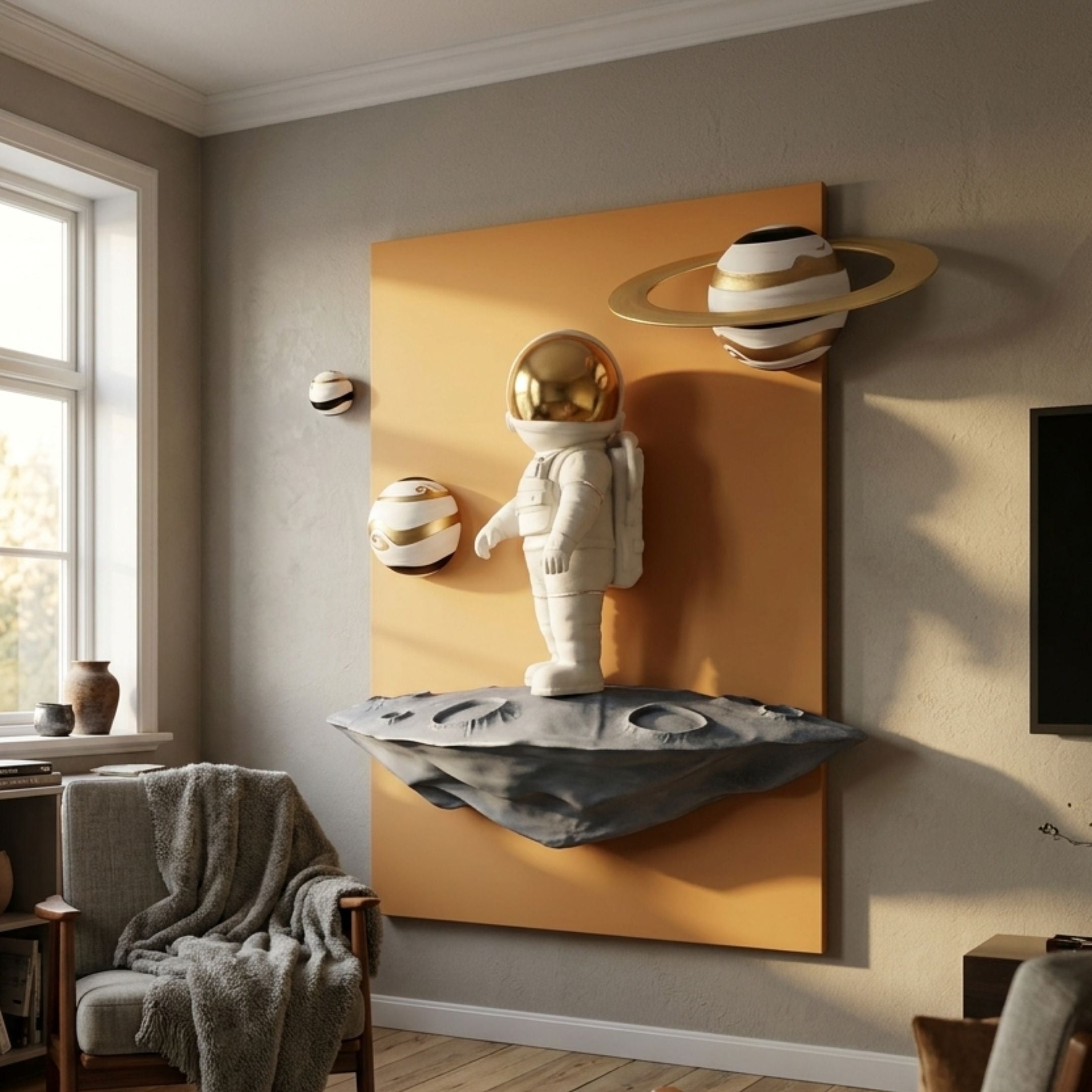 White 3D Stellar Astronaut Wall Art by Giant Sculptures, with gold-visored figure on a grey asteroid and ringed planets on an orange panel, in a living room.