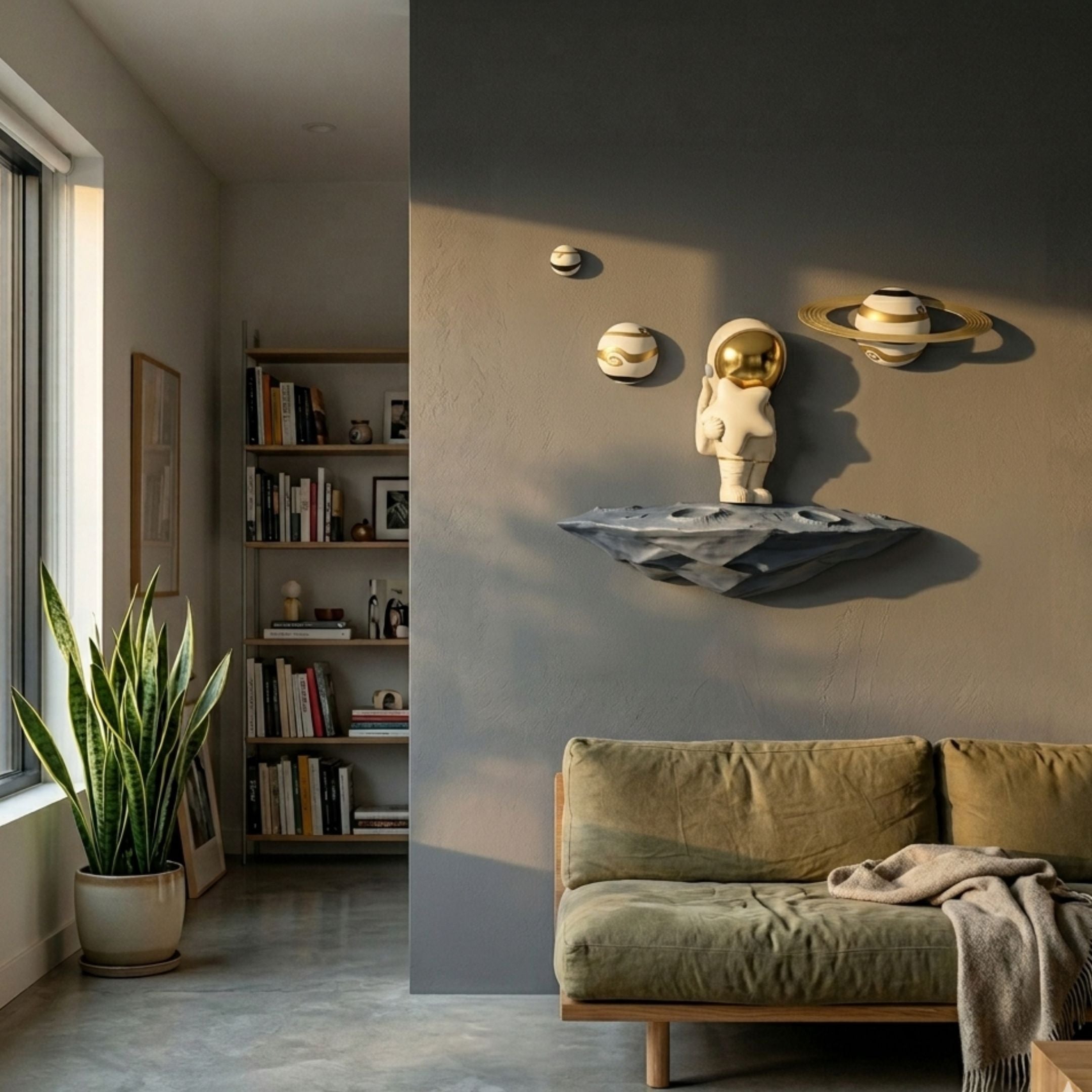 White and gold astronaut 3D wall art by Giant Sculptures, mounted on a grey wall above an olive sofa with planets orbiting around a floating rock base.