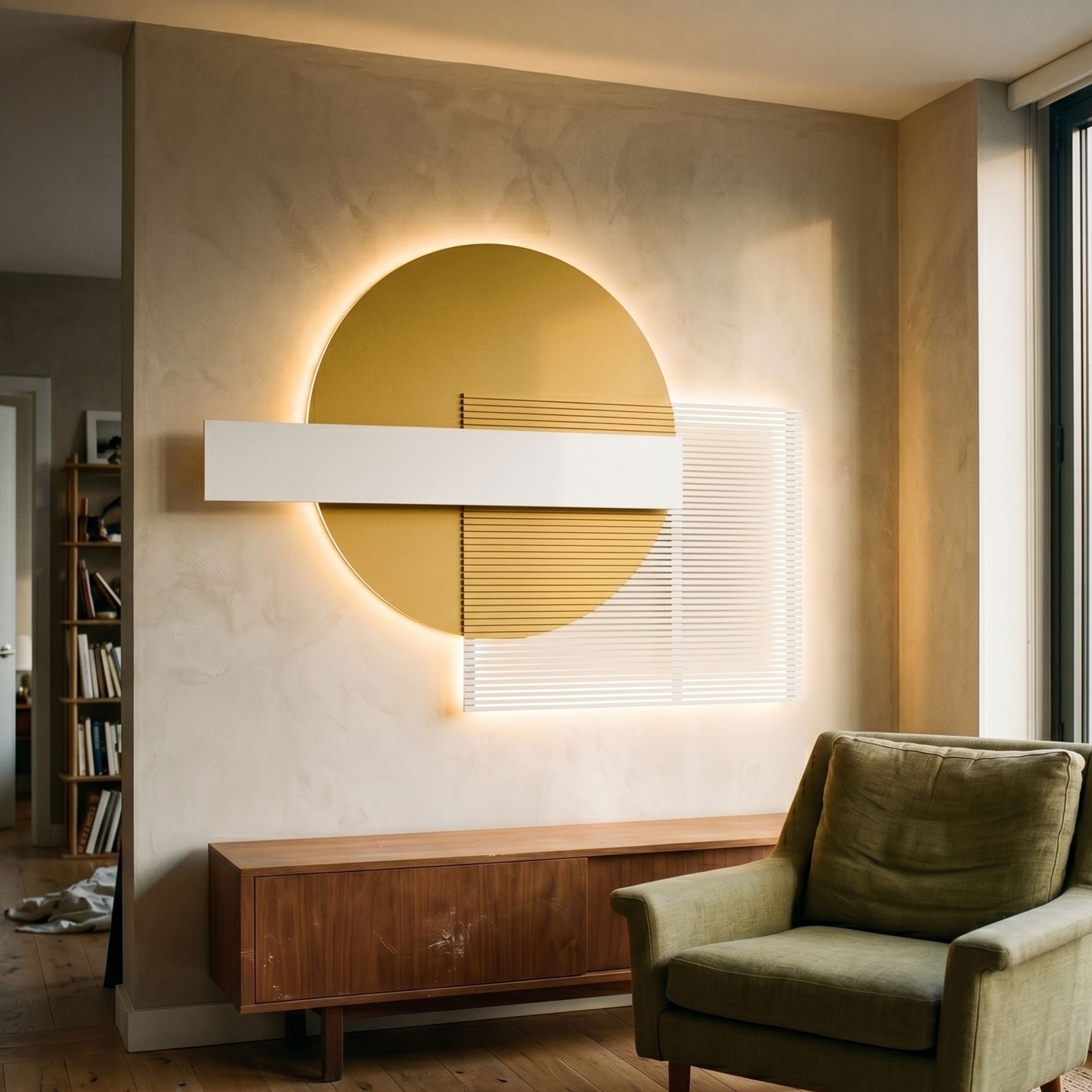 Aeon Golden Sand Leather 3D LED Wall Art by Giant Sculptures with mustard circle, white bar, and linework rectangle, glowing above a walnut sideboard and green armchair.