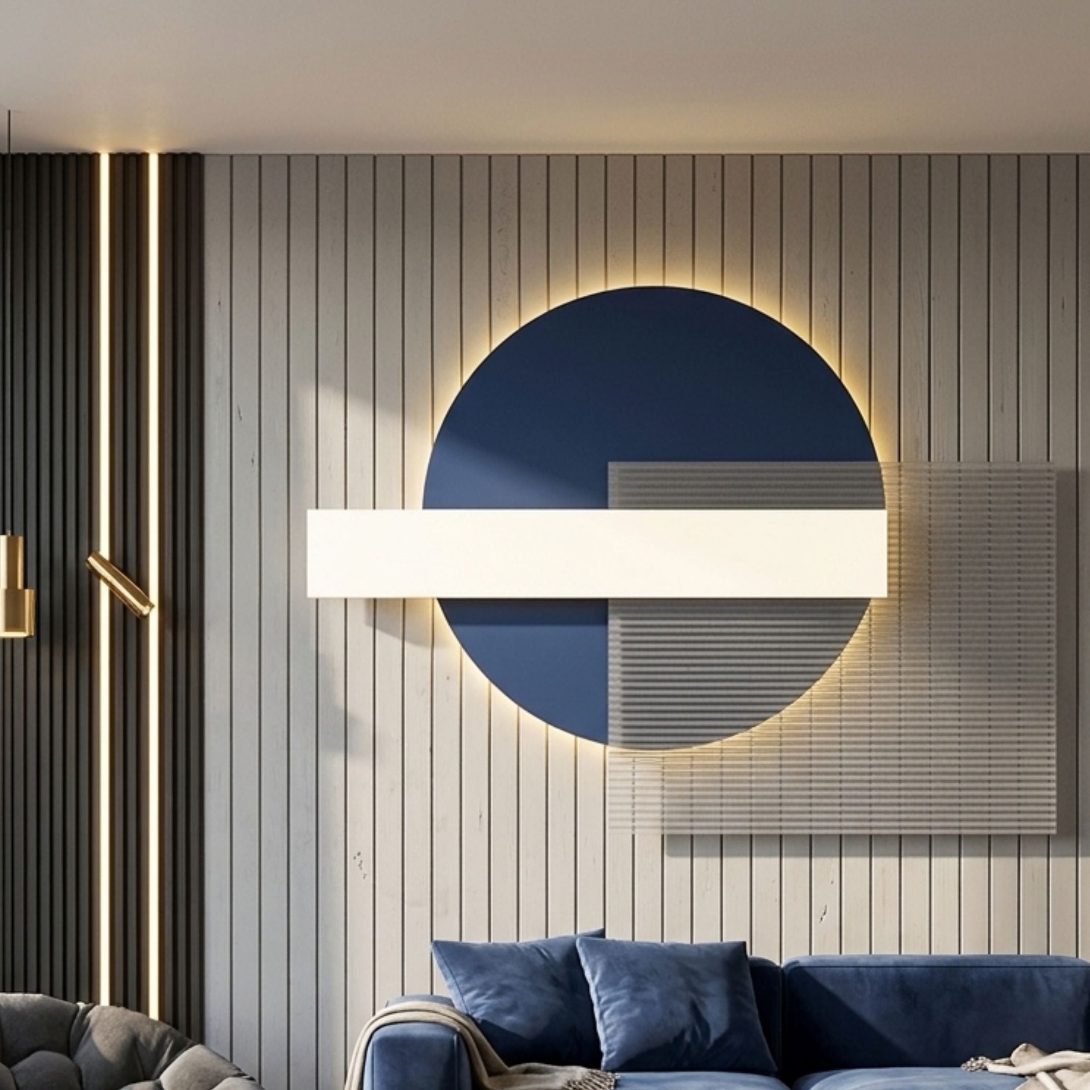 Aeon Midnight Indigo Leather 3D LED Wall Art by Giant Sculptures, a circular indigo panel crossed by a white rectangular bar with backlit glow, above a blue sofa.