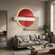 Aeon Crimson Silk Leather 3D LED Wall Art by Giant Sculptures mounted above a grey linen sofa in a modern living room with oak coffee table and fiddle-leaf fig.