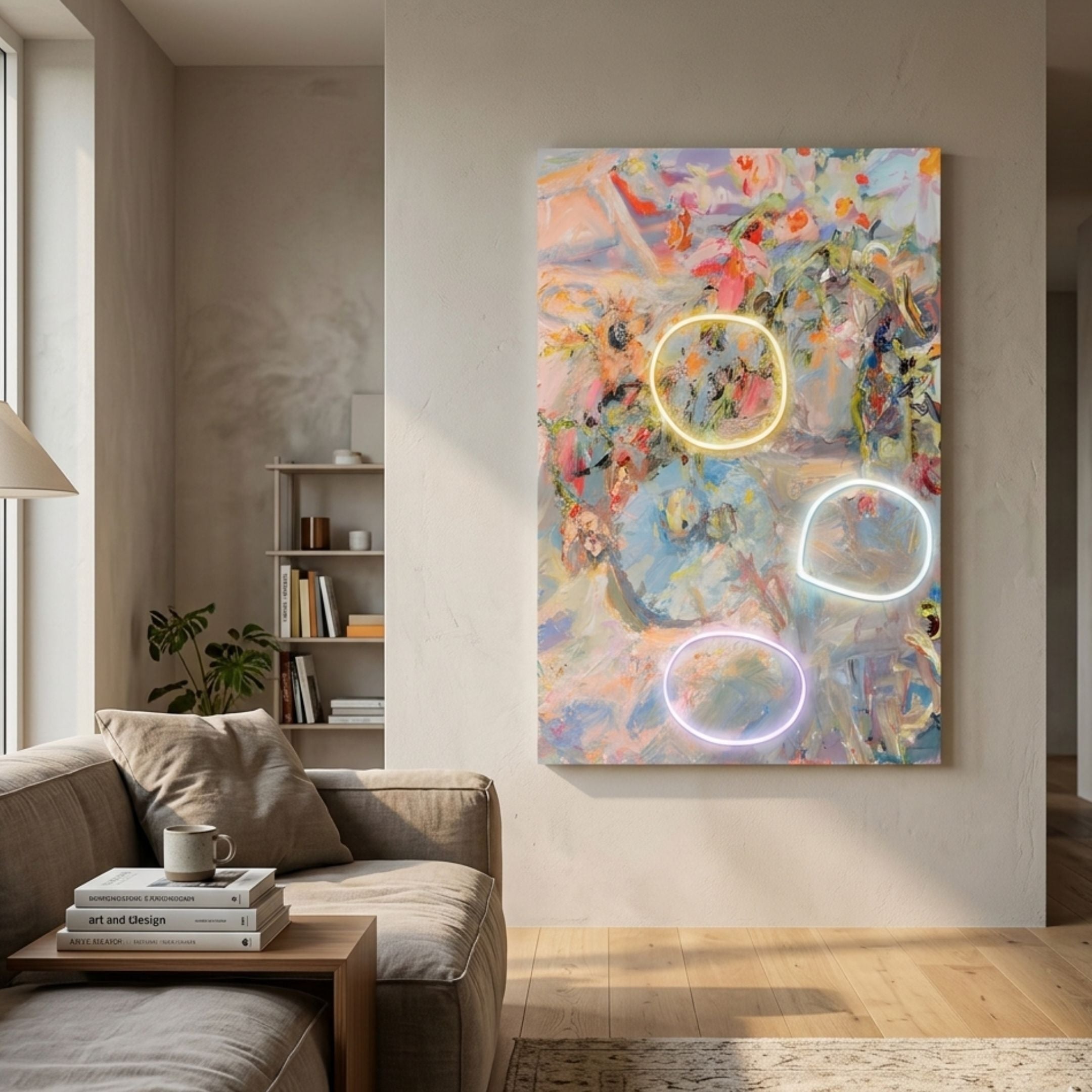 Elysian Pastel Bloom Oil Painting 3D LED Wall Art by Giant Sculptures displayed in a neutral living room with beige sofa, plant, and bookshelf.
