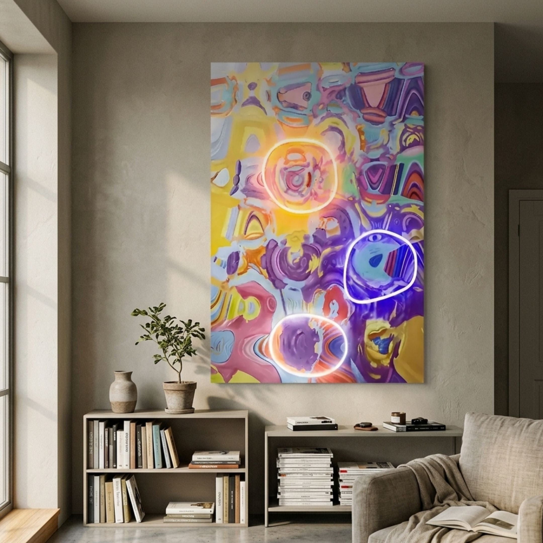 Elysian Chromatic Vortex Oil Painting 3D LED Wall Art by Giant Sculptures with yellow, purple, and pink swirls and three neon rings, above a console in a lounge.