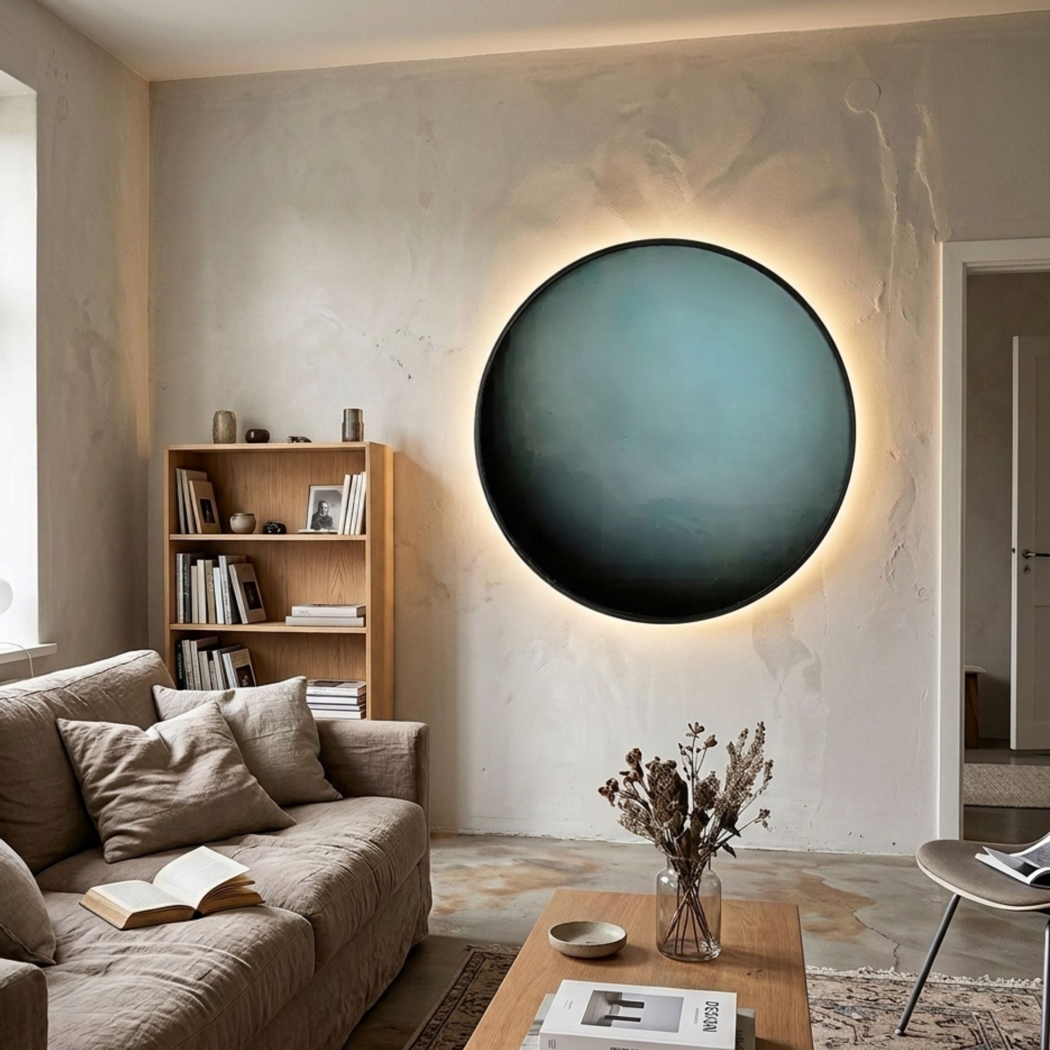 Galaxia Uranus Crystal Porcelain LED Wall Art by Giant Sculptures, a blue-to-grey planetary disc with halo glow, mounted above a bookshelf in a neutral living room.