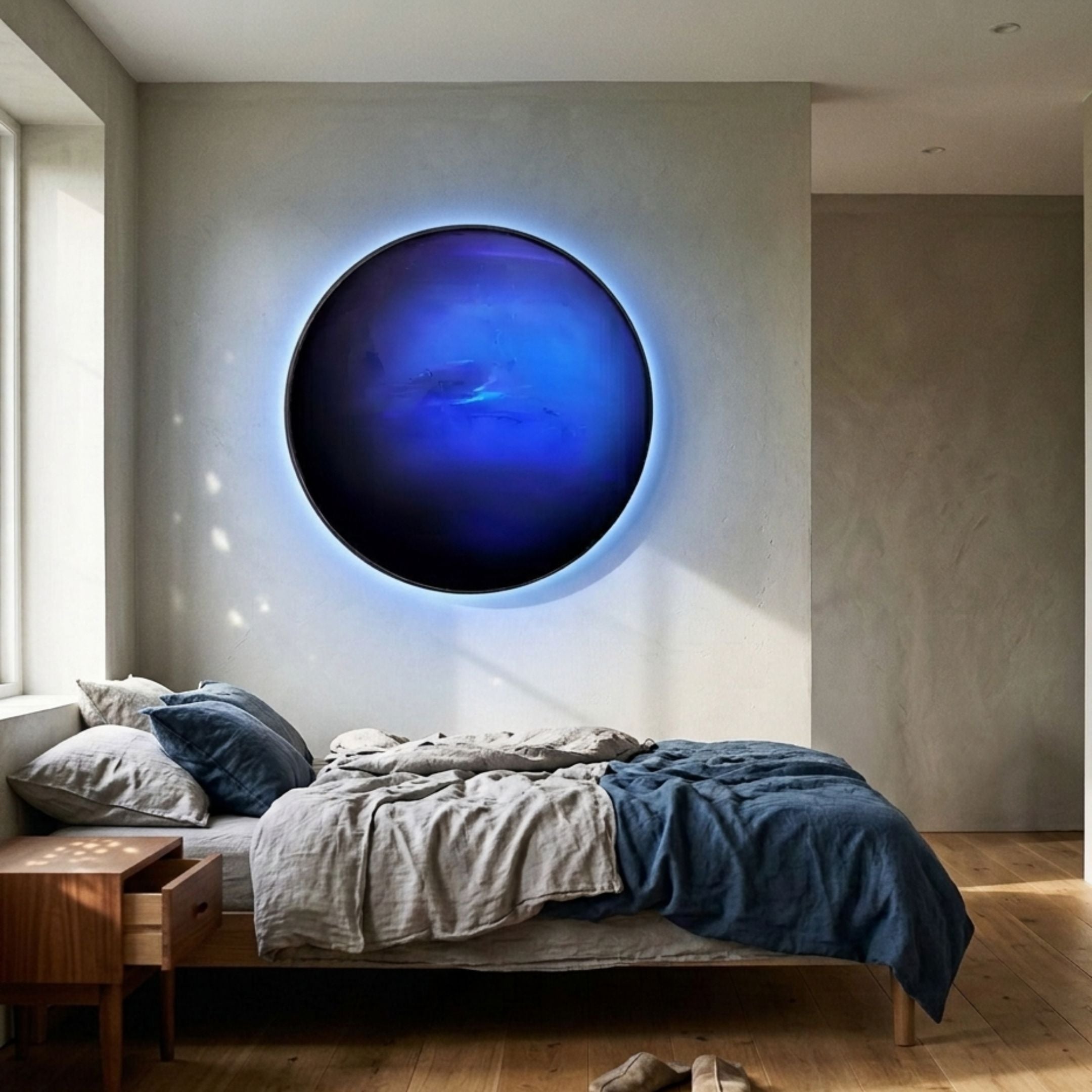 Galaxia Neptune Crystal Porcelain LED Wall Art by Giant Sculptures glowing deep blue above a linen-dressed bed in a modern bedroom with timber floors.