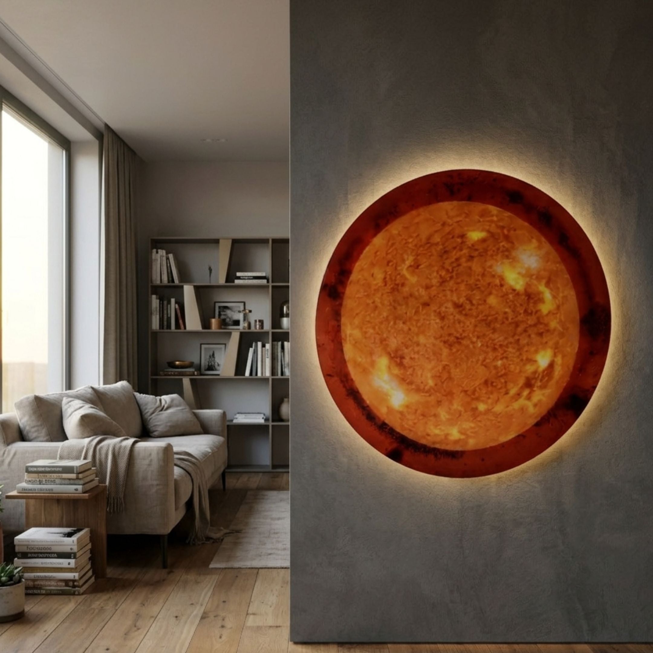 Galaxia Sun Crystal Porcelain LED Wall Art glowing amber and red on a grey wall beside a modern living room with a beige sofa and bookshelf.