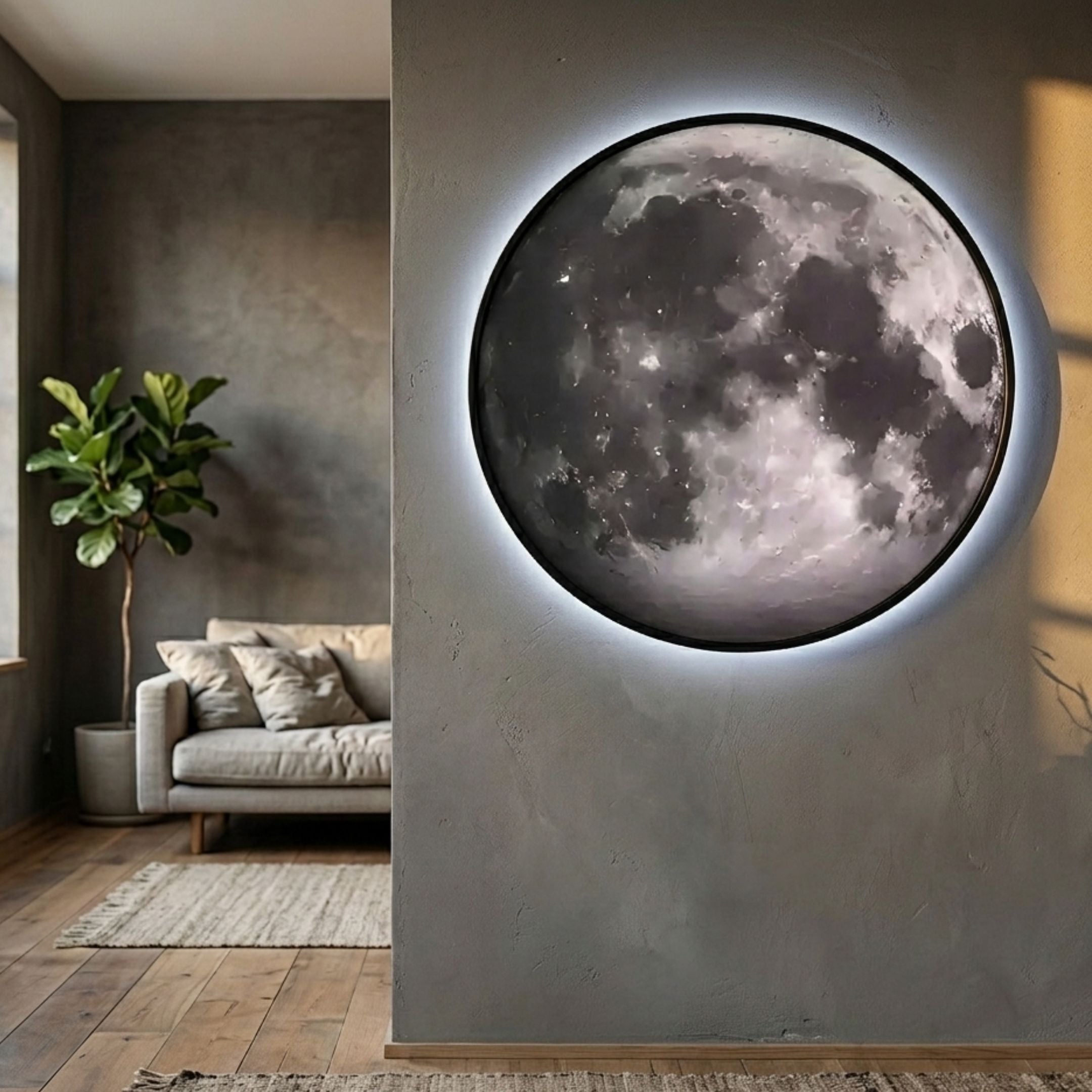 Galaxia Moon Crystal Porcelain LED Wall Art by Giant Sculptures glowing on a grey wall in a modern living room with a beige sofa and fiddle leaf fig.