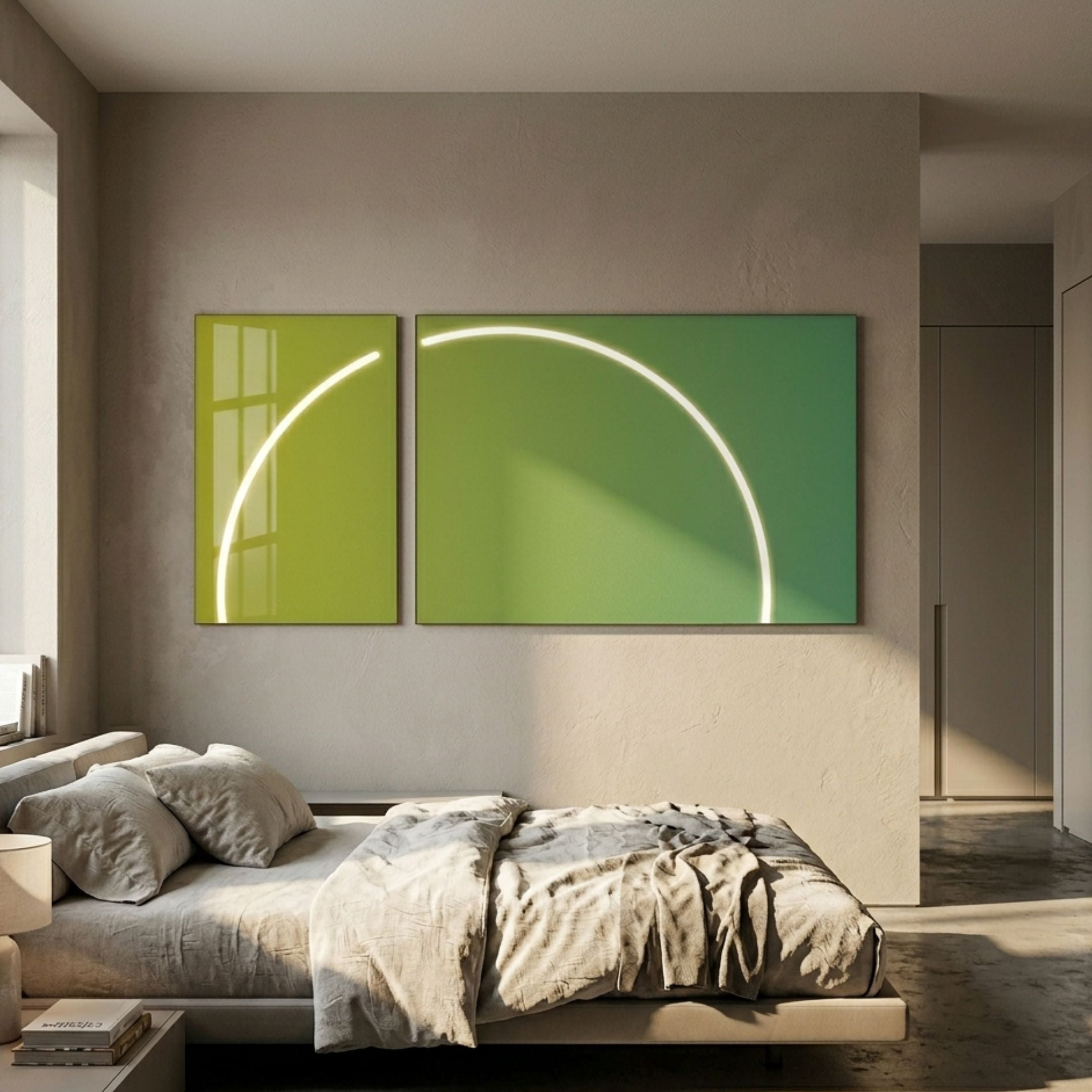 Enigma Lime Jade LED Wall Art diptych by Giant Sculptures displayed above a low bed with grey linens in a modern bedroom with warm beige walls.