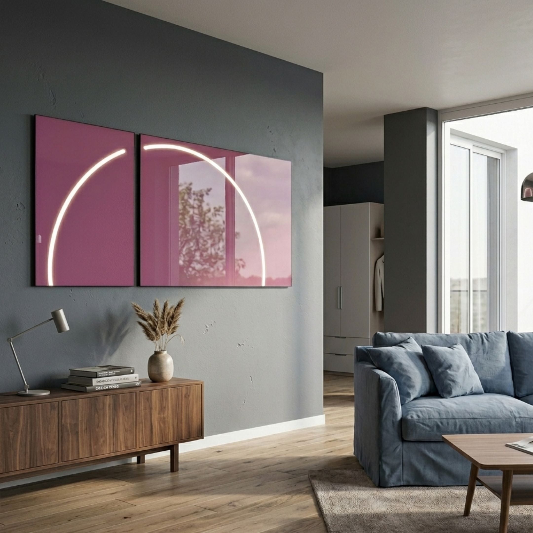 Enigma Rosewood Glow LED Wall Art by Giant Sculptures, two mauve panels with a white neon arc, mounted on a grey wall above a walnut sideboard beside a blue sofa.
