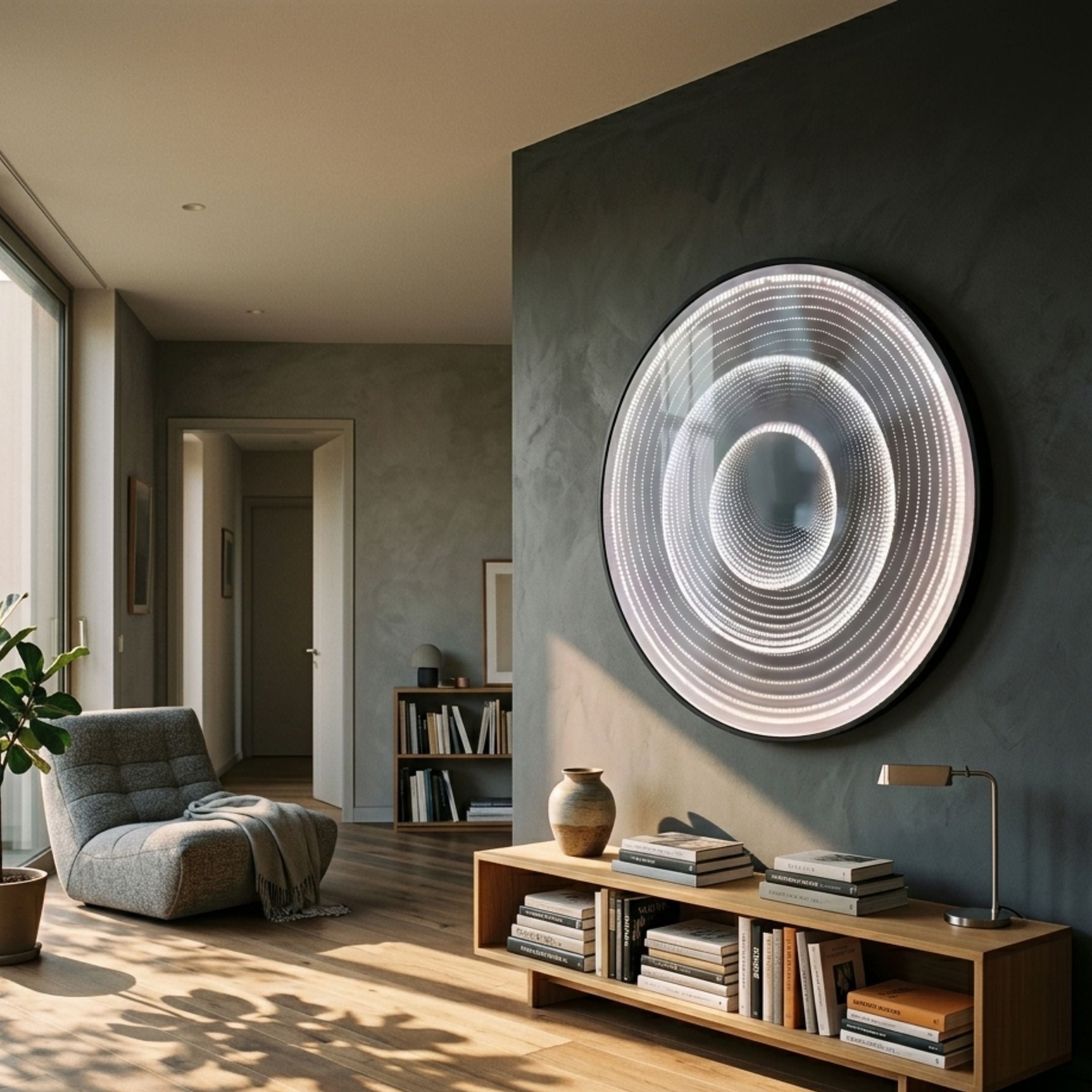 Reflex Silver Mirror LED 3D Wall Art by Giant Sculptures mounted on a charcoal wall above a wooden console in a modern living room with a grey lounge chair.