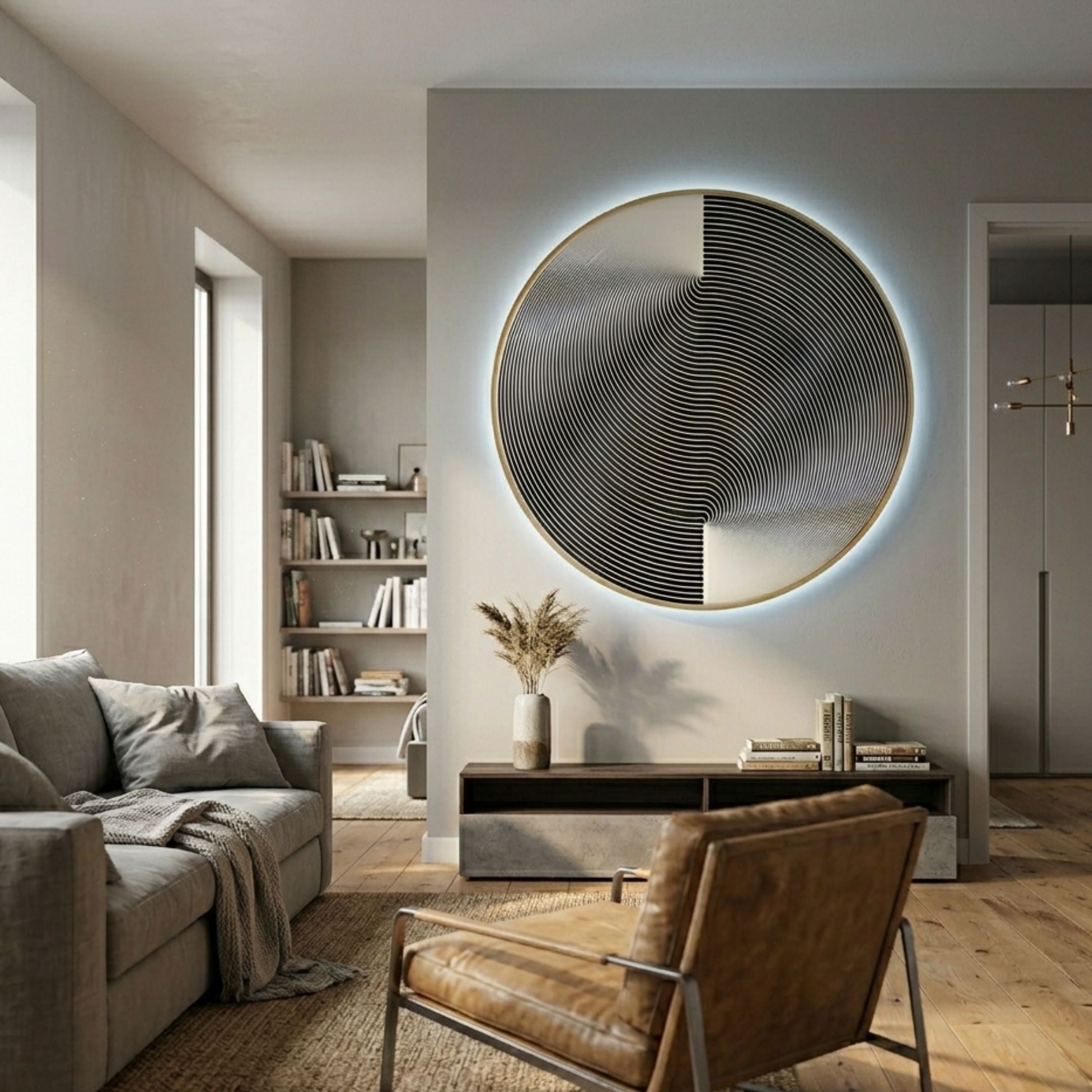 Astral Silver Crystal Porcelain LED Wall Art by Giant Sculptures, a large circular piece with wavy black linework and gold border, glowing above a console in a modern living room.