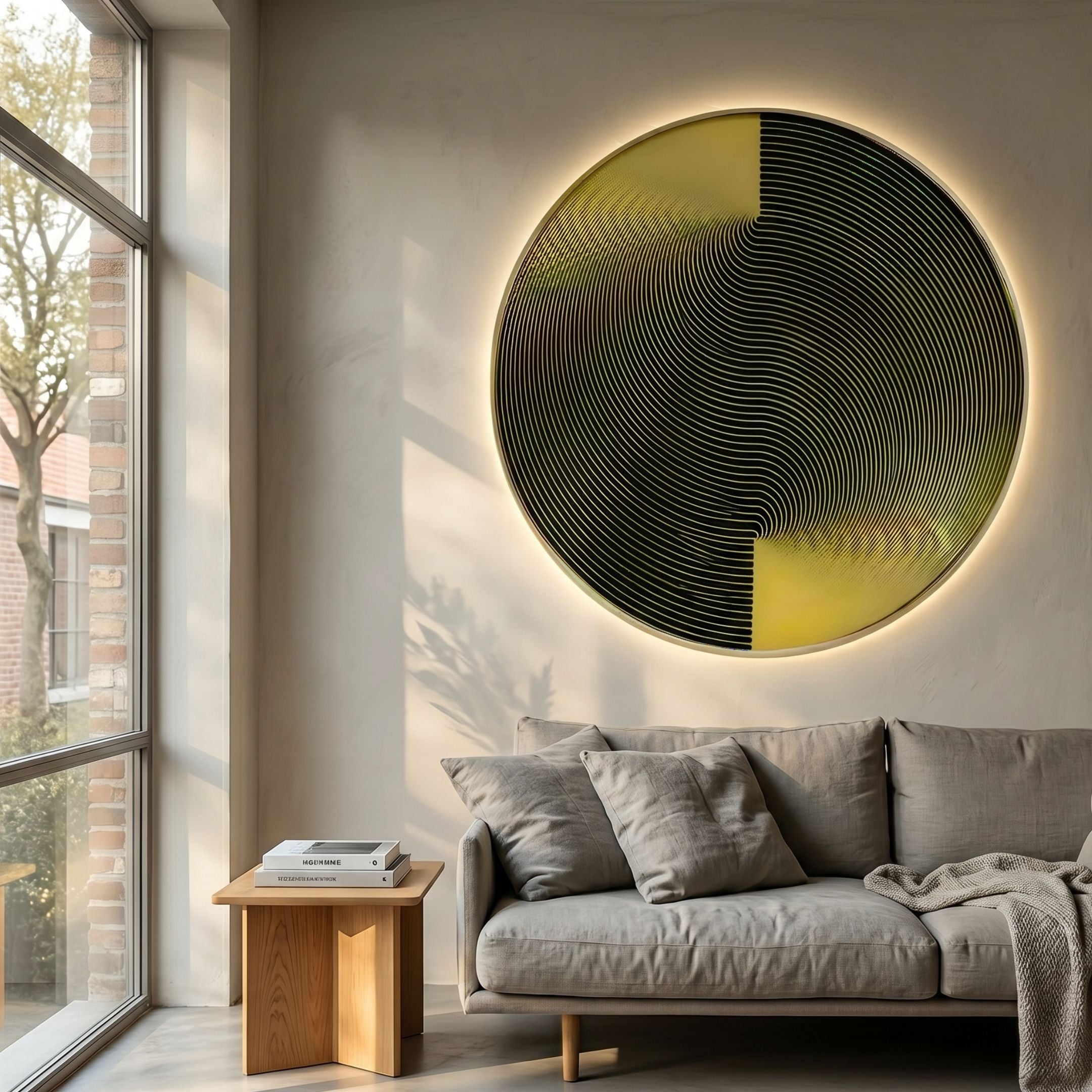 Astral Gold Crystal Porcelain LED Wall Art by Giant Sculptures, a circular black and gold geometric piece with backlit halo glow above a grey sofa by a window.