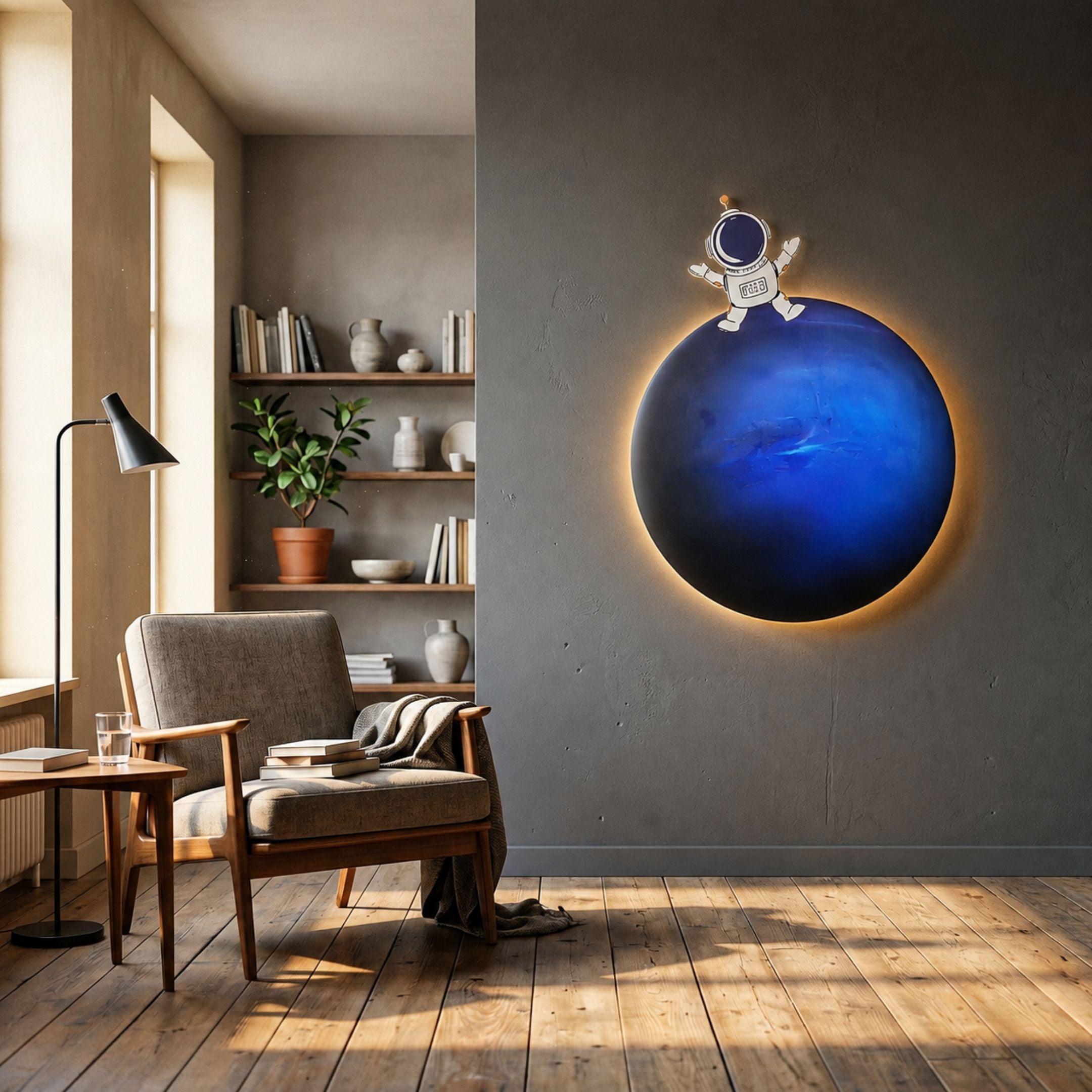Cosmos Blue Planet UV Wood Carving LED Wall Art by Giant Sculptures, mounted on a grey wall above a mid-century armchair, floor lamp, and bookshelf.
