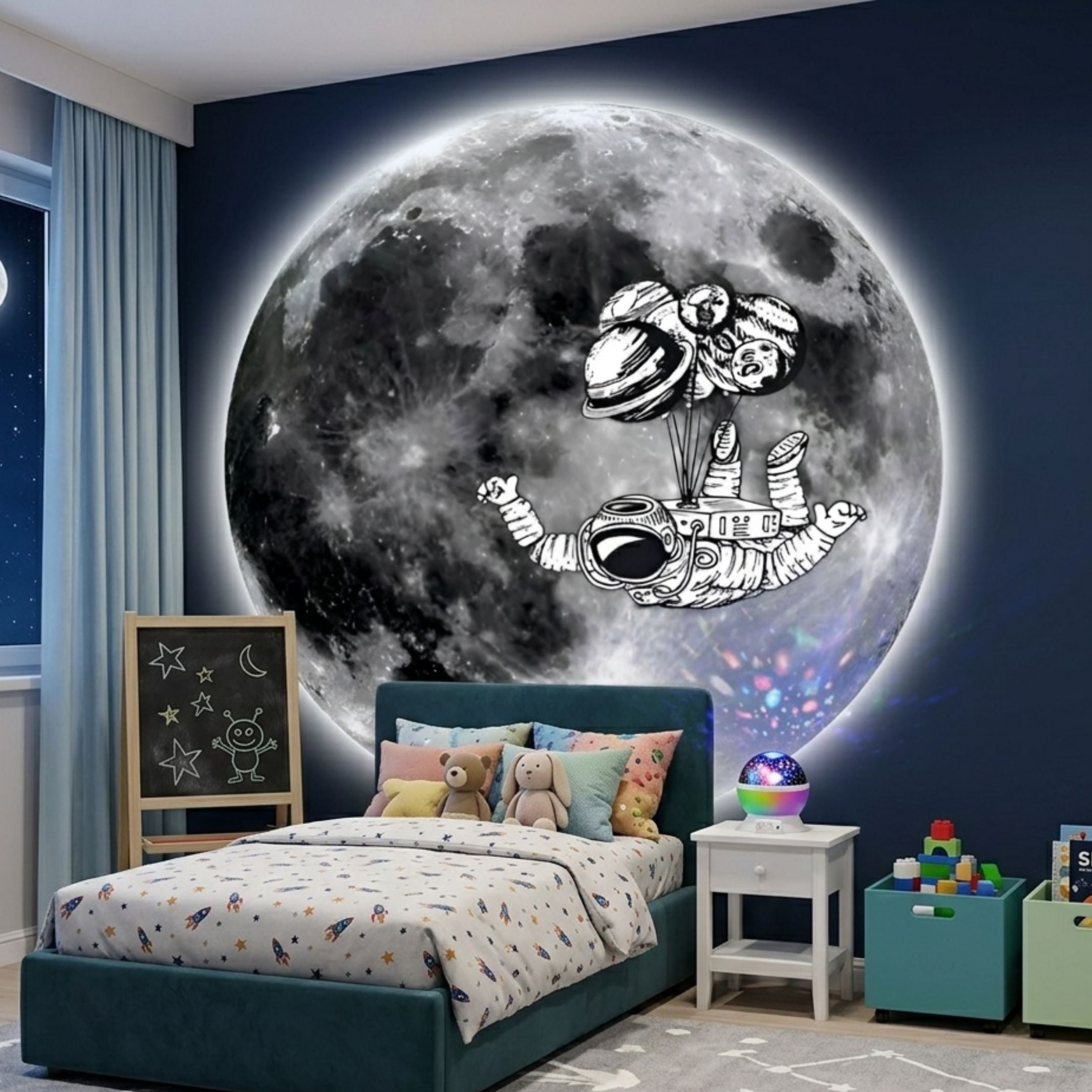 Cosmos Astronaut Adventure UV Wood Carving LED Wall Art by Giant Sculptures mounted on a navy bedroom wall above a teal kids' bed with plush toys.