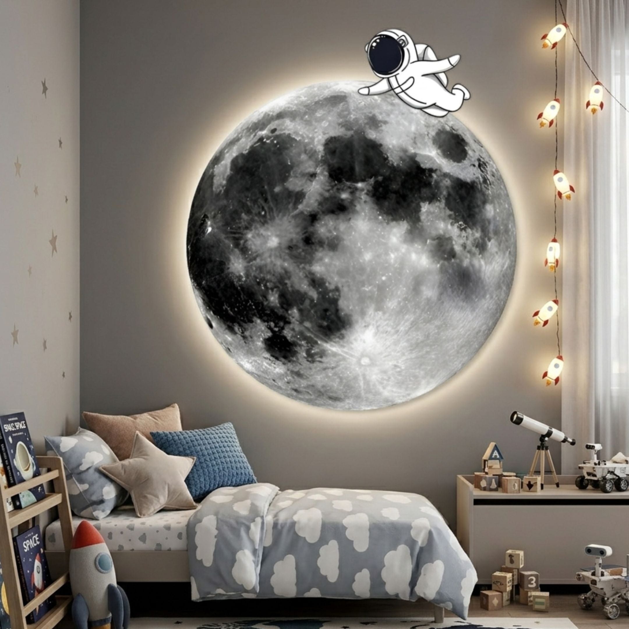 Cosmos Astronaut Drift UV Wood Carving LED Wall Art by Giant Sculptures, mounted in a kids' bedroom above a cloud-print bed, with rocket fairy lights alongside.