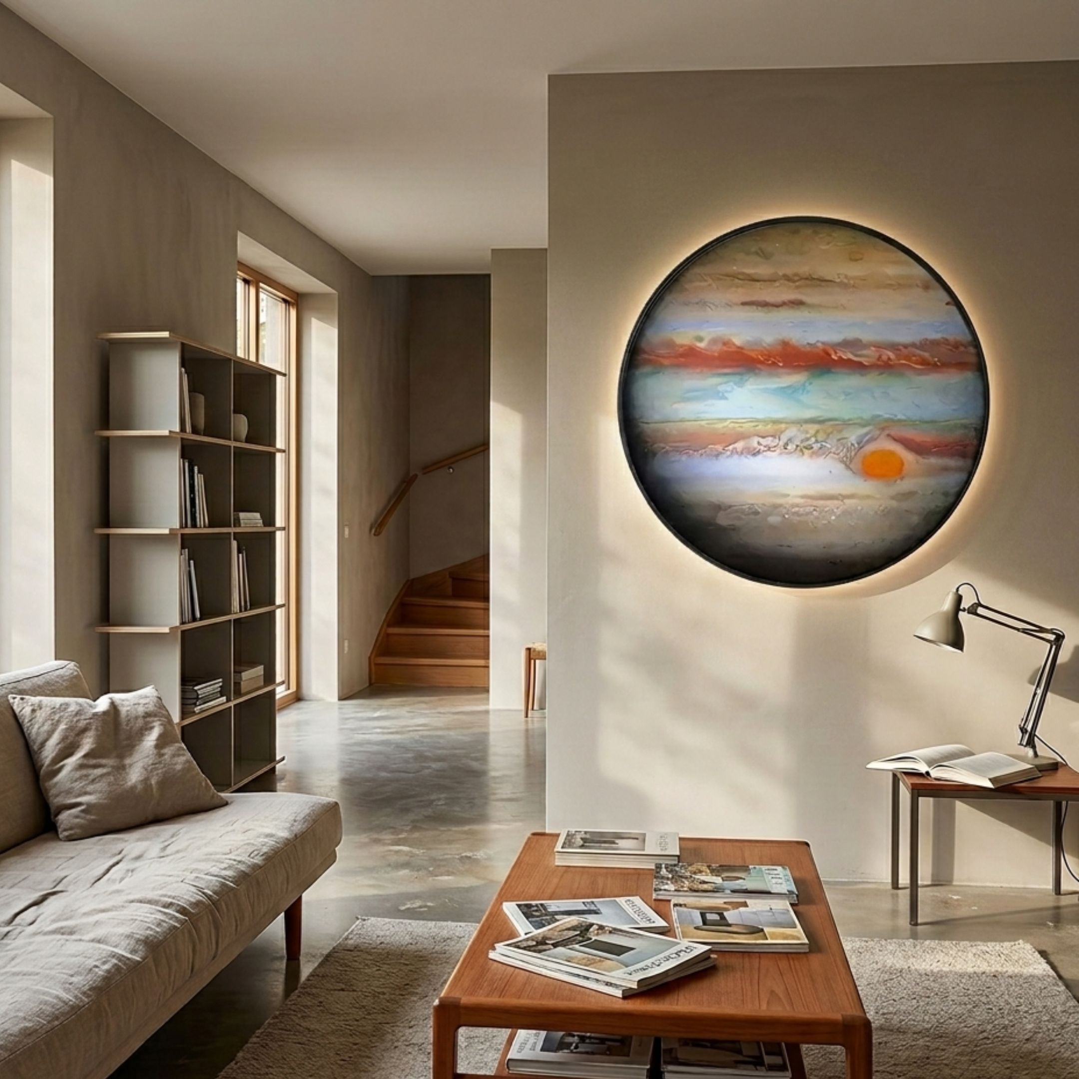 Galaxia Jupiter Crystal Porcelain LED Wall Art by Giant Sculptures glowing on a beige living room wall above a wooden coffee table, sofa, and bookshelf.