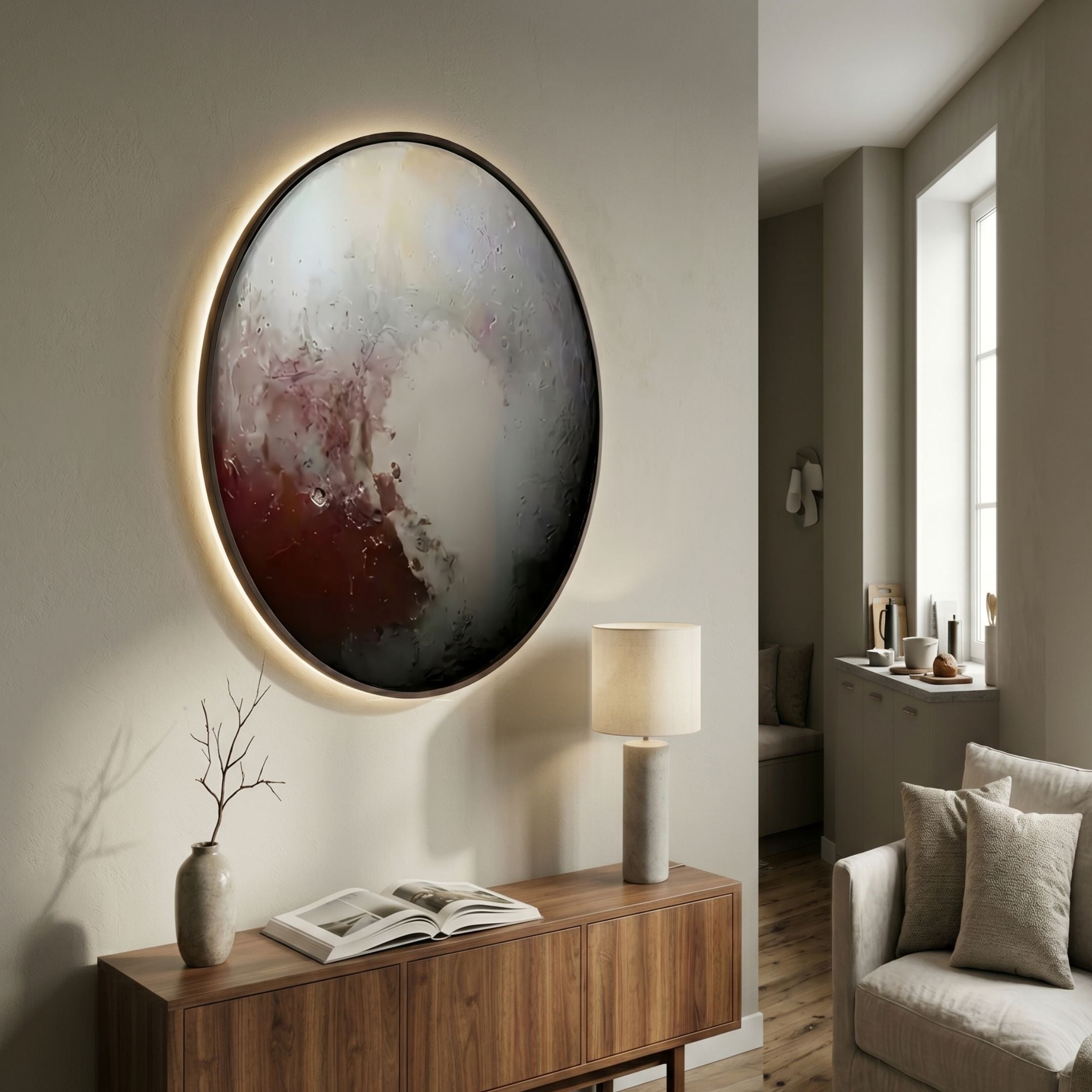 Galaxia Pluto Crystal Porcelain LED Wall Art by Giant Sculptures glowing on a hallway wall above a walnut console with a lamp, vase, and open book.