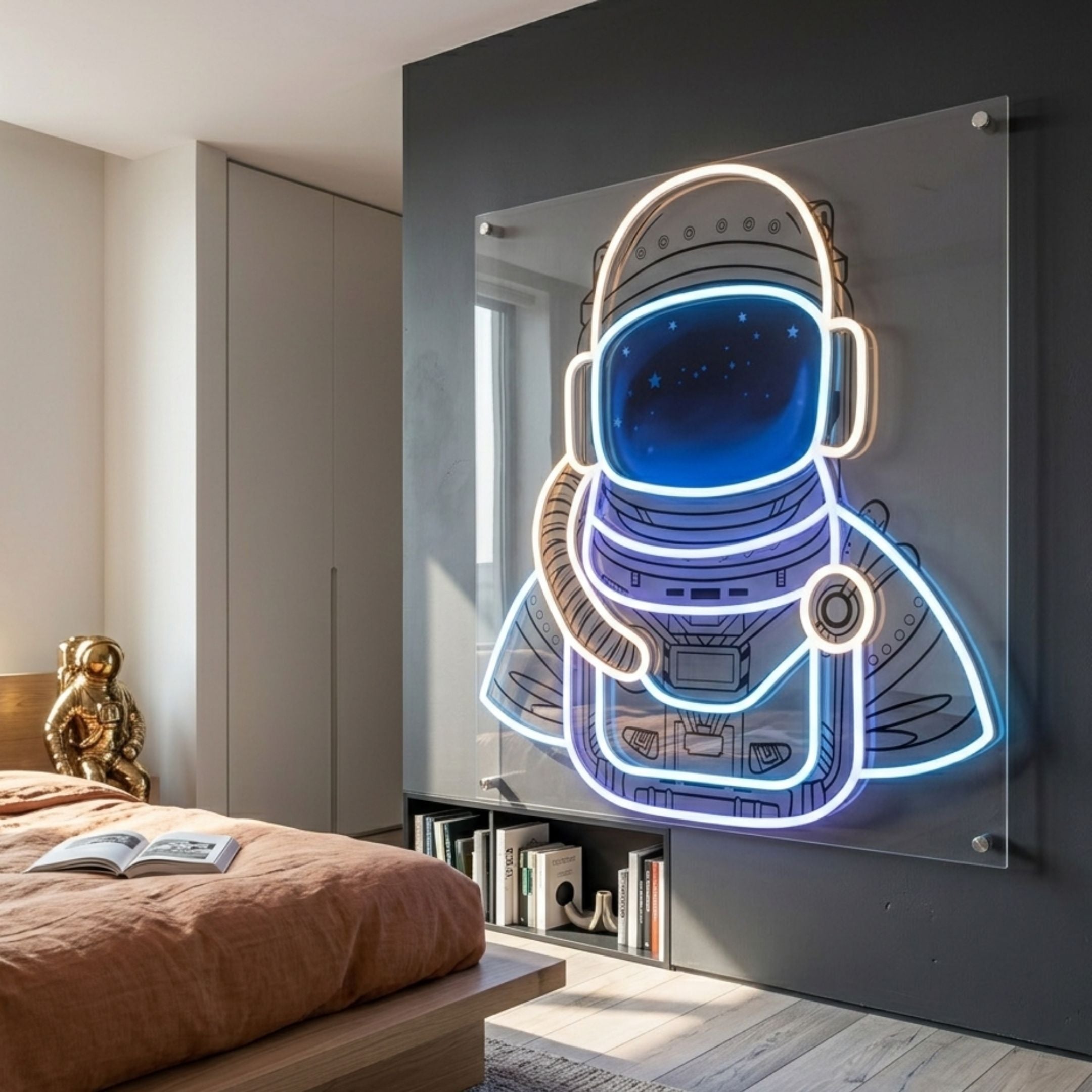 Stellar Celestial Blue Acrylic 3D LED Wall Art by Giant Sculptures, showing an astronaut with a starry visor glowing on a grey bedroom feature wall above bookshelves.