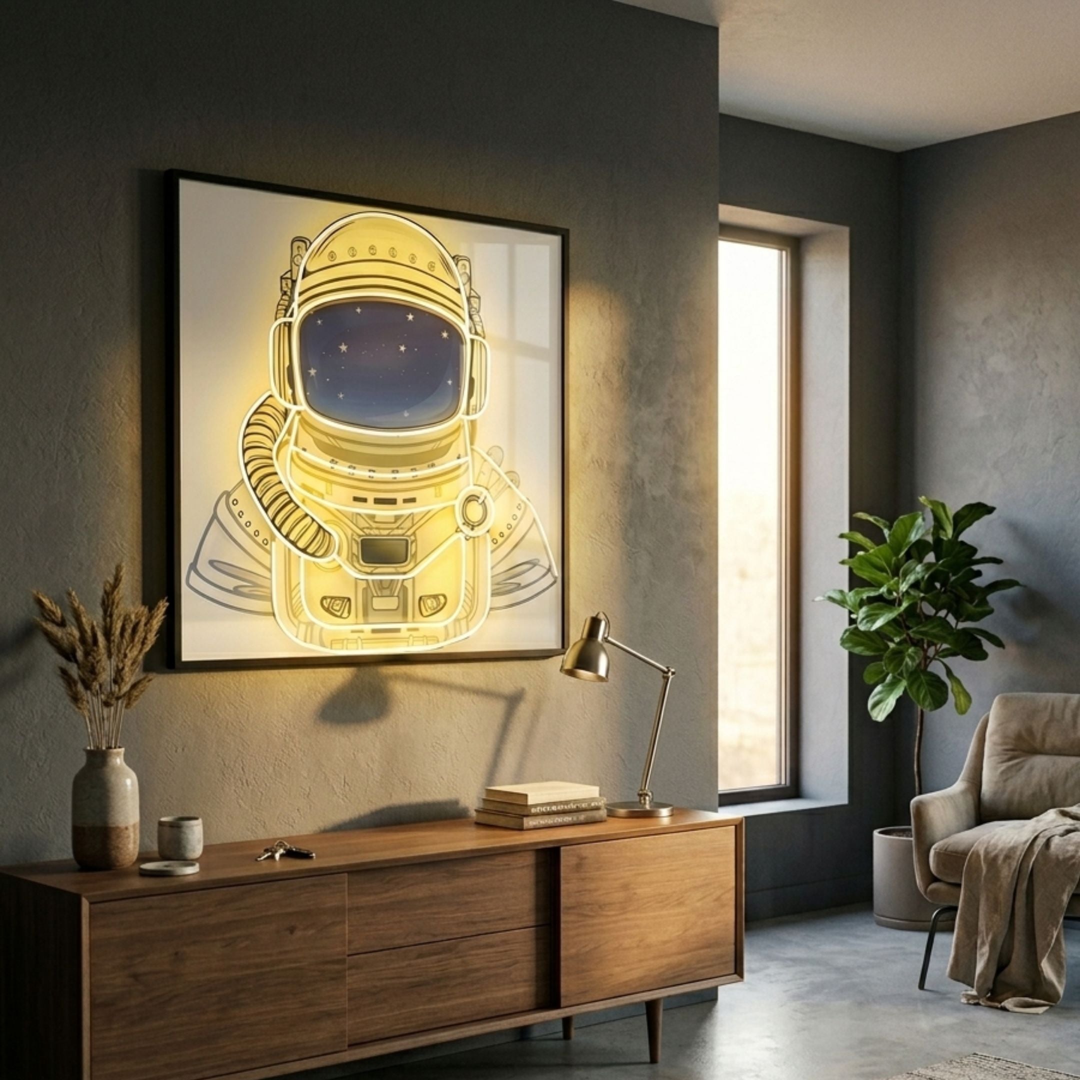 Stellar Auric Gold Acrylic 3D LED Wall Art featuring an illuminated astronaut helmet with starry visor, mounted above a walnut sideboard in a grey living room.