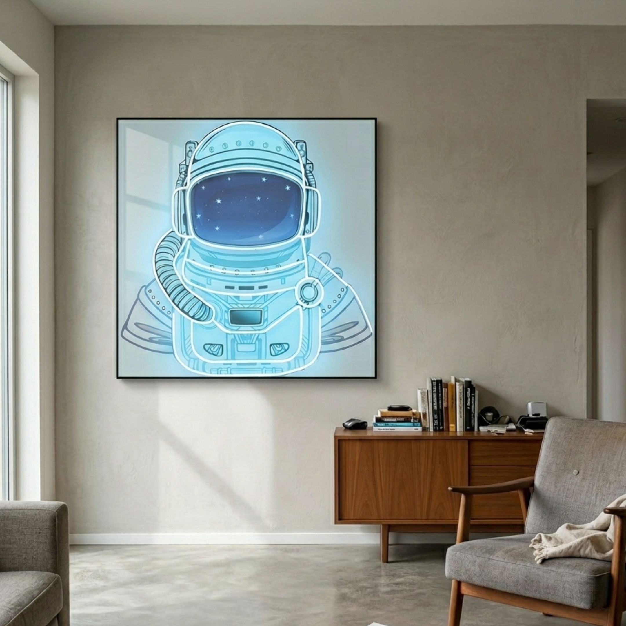 Stellar Neon Aqua Acrylic 3D LED Wall Art by Giant Sculptures showing an aqua-blue astronaut helmet with starry visor, mounted above a wooden sideboard.
