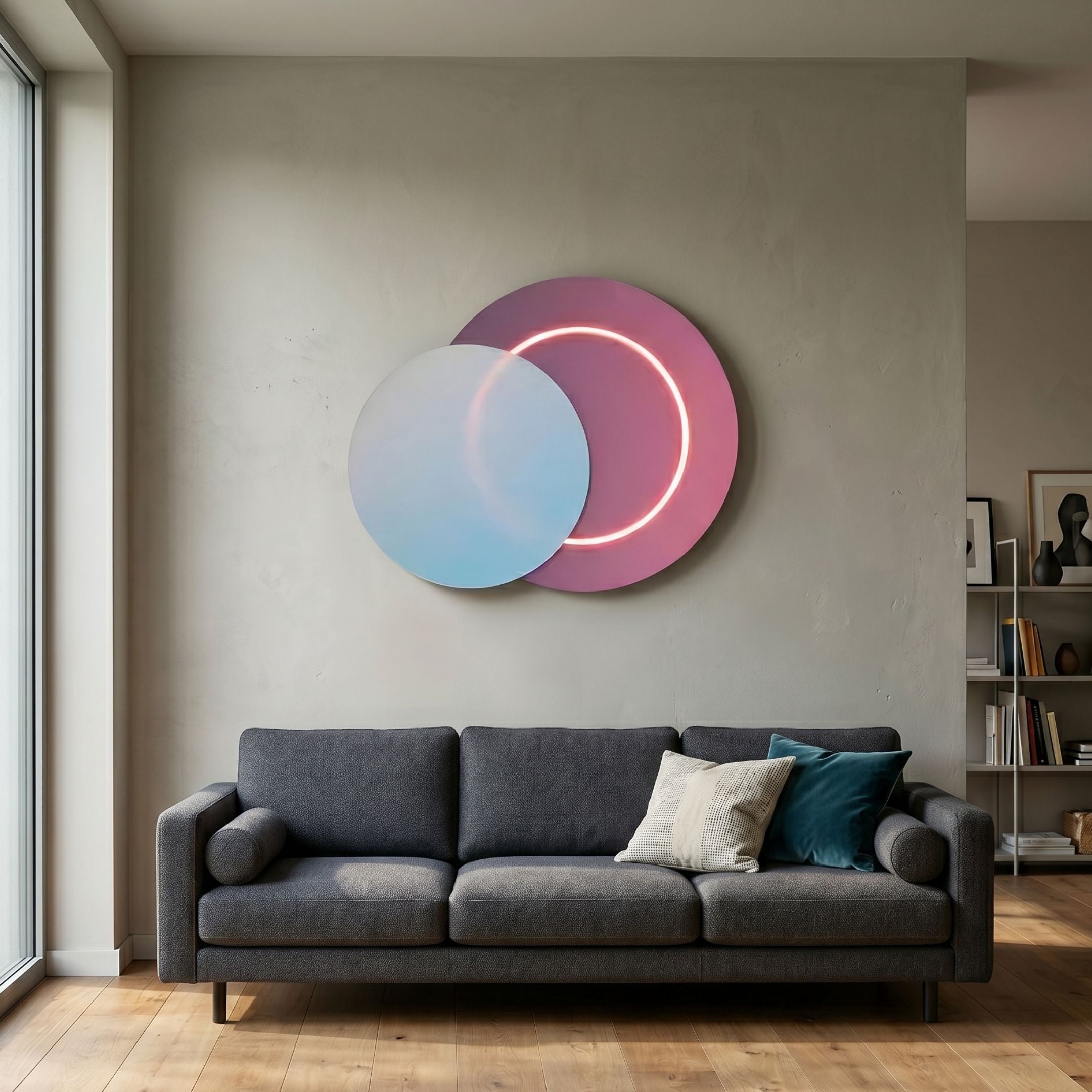 Lunar Blush Sky Crystal Porcelain 3D LED Wall Art by Giant Sculptures, with overlapping blue and pink discs and a glowing ring, above a grey sofa.