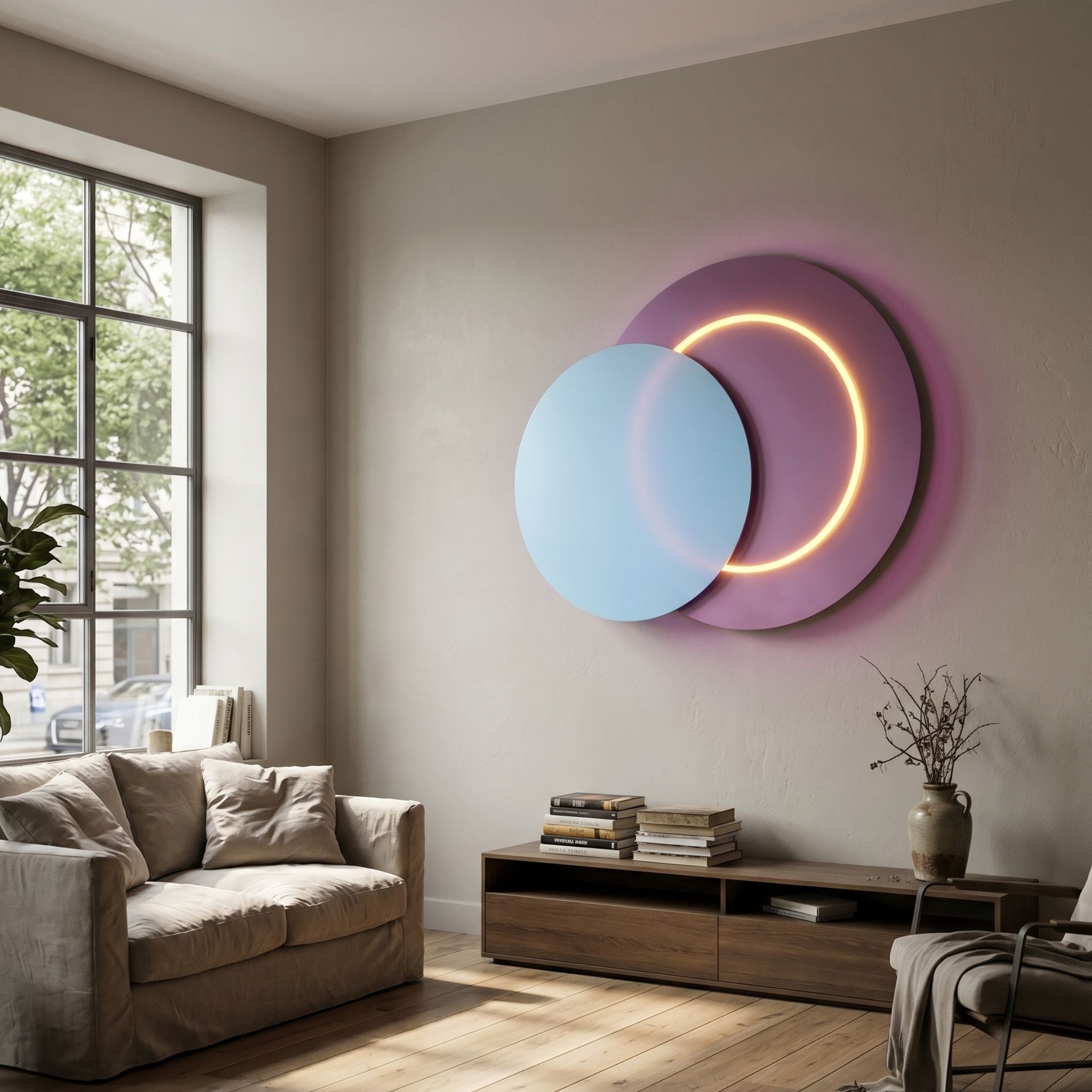 Lunar Blush Sky Crystal Porcelain 3D White LED Wall Art by Giant Sculptures, overlapping blue and pink discs with glowing ring, in a modern living room.
