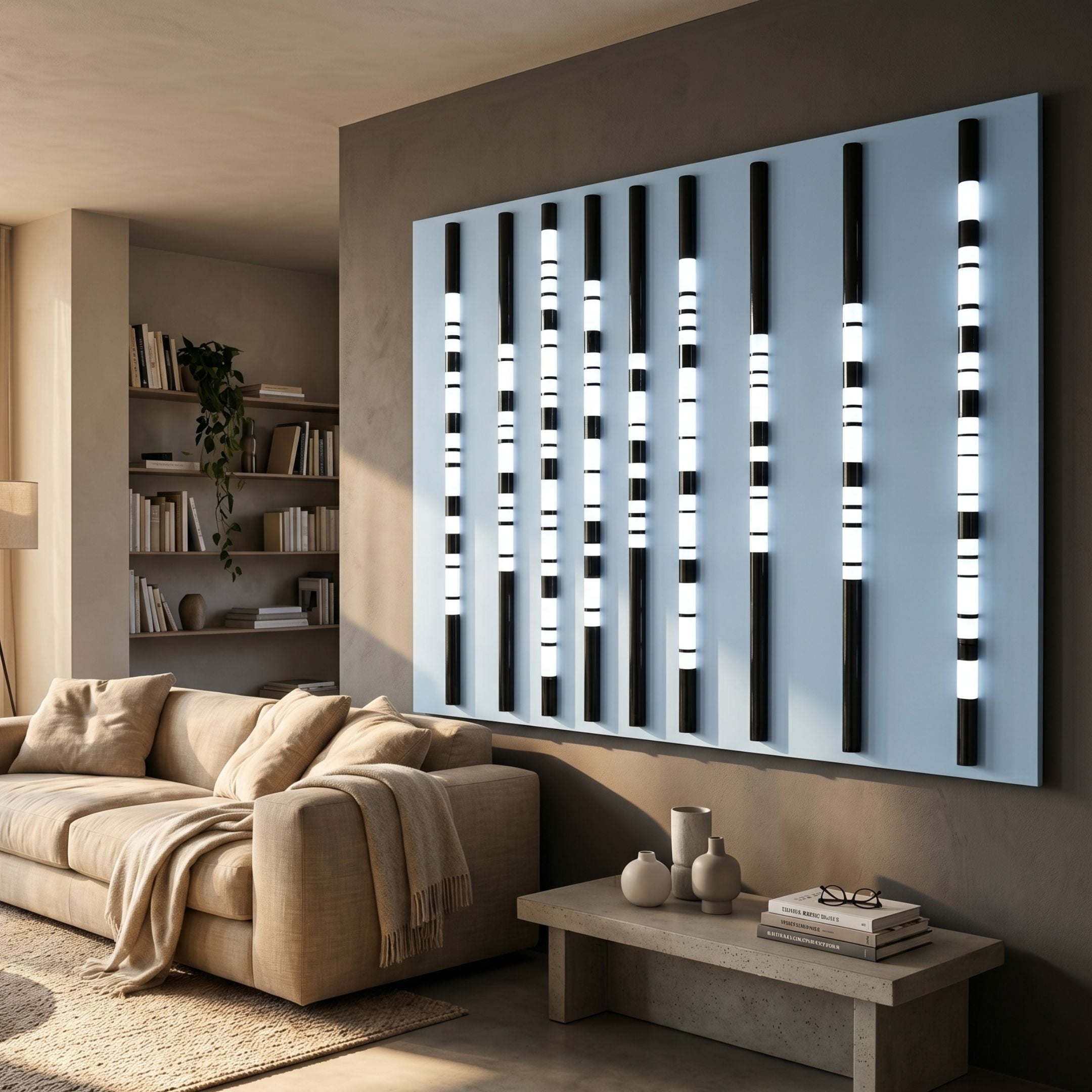 Strata Steel Blue LED Wall Art by Giant Sculptures mounted in a modern living room above a beige sofa, with eight black vertical rods glowing in cool white bands.