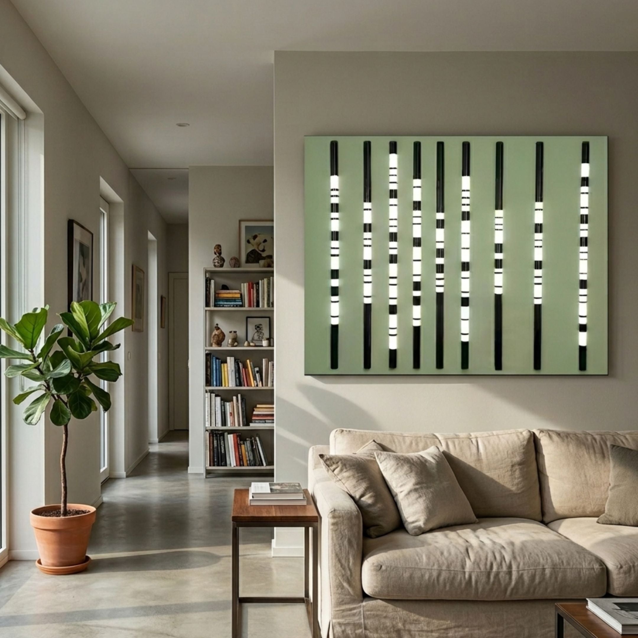 Strata Olive LED Wall Art by Giant Sculptures displayed above a beige sofa in a modern living room with a fiddle-leaf fig, bookshelf, and hallway view.