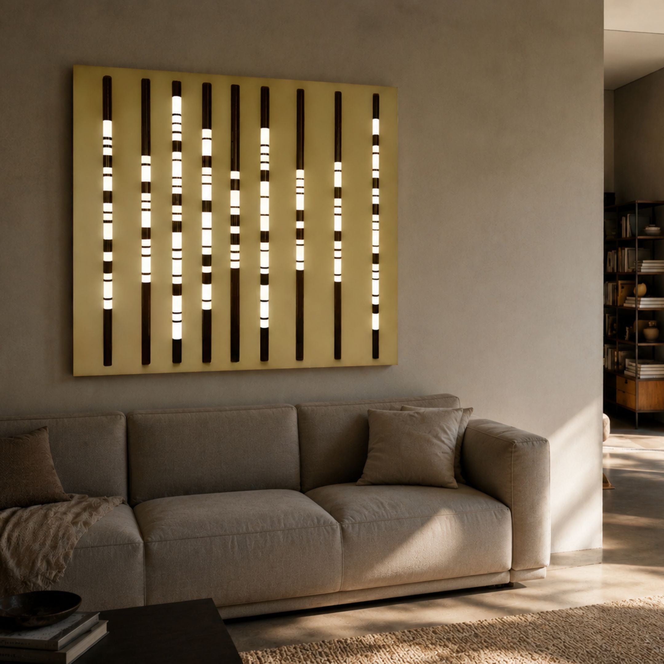 Strata Gold LED Wall Art by Giant Sculptures mounted above a beige sofa, showing nine vertical black bands with warm glowing LED segments on a gold panel.