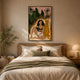 Solana Wild Serenity Wood Relief 3D LED Wall Art by Giant Sculptures, showing a woman seated beside a yellow cheetah amid green foliage, above a rattan bed.