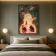 Solana Bohemian Muse Wood Relief 3D LED Wall Art displayed above a bed with green throw and beige headboard, flanked by two globe pendant lights.