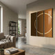 Helios Copper Crystal Porcelain LED Wall Art by Giant Sculptures displayed as a three-panel triptych with curved white LED arc on a copper-brown backdrop in a modern living room.