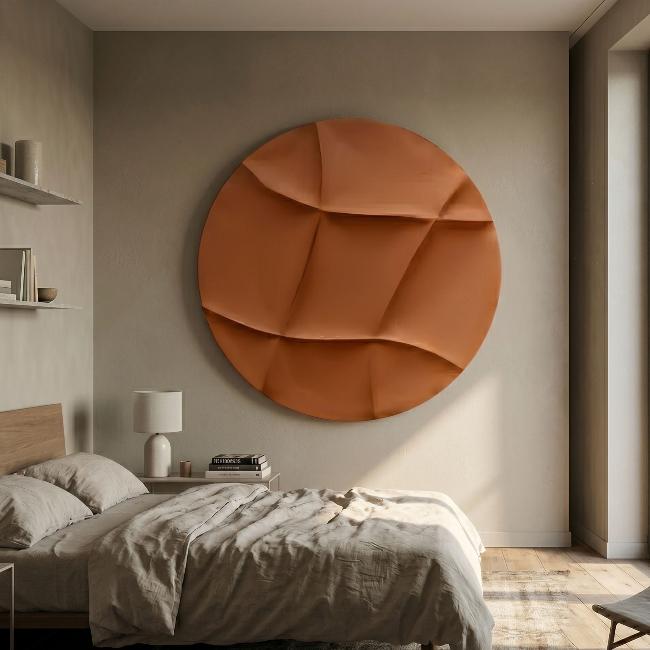 Giant Sculptures Orbura Terracotta Circular 3D Wood Relief Wall Art mounted above a nightstand in a neutral bedroom with linen bedding and a wooden bedframe.