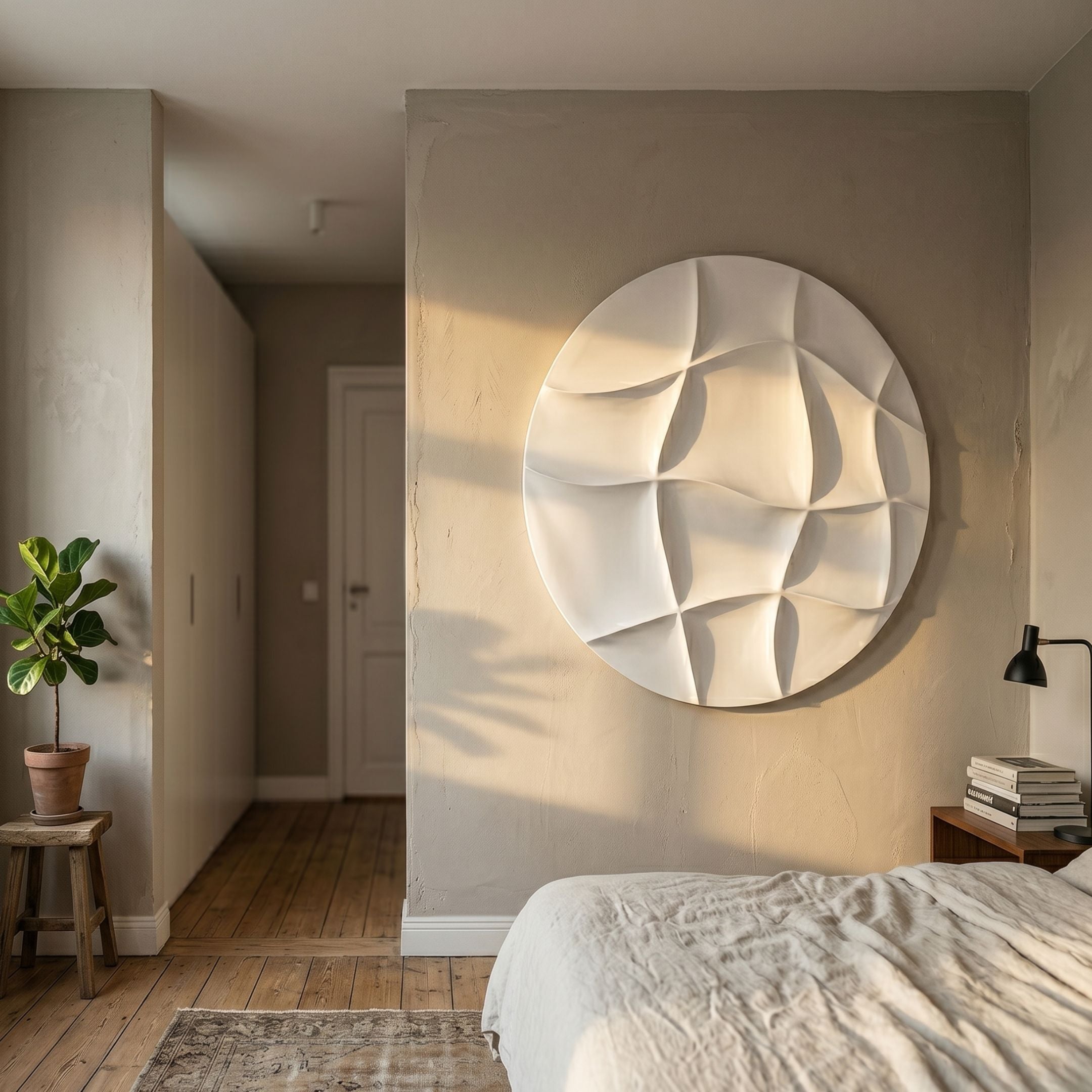 Giant Sculptures Orbura White Circular 3D Wood Relief Wall Art mounted on a beige bedroom wall beside a fiddle-leaf fig, wooden stool, and linen-dressed bed.