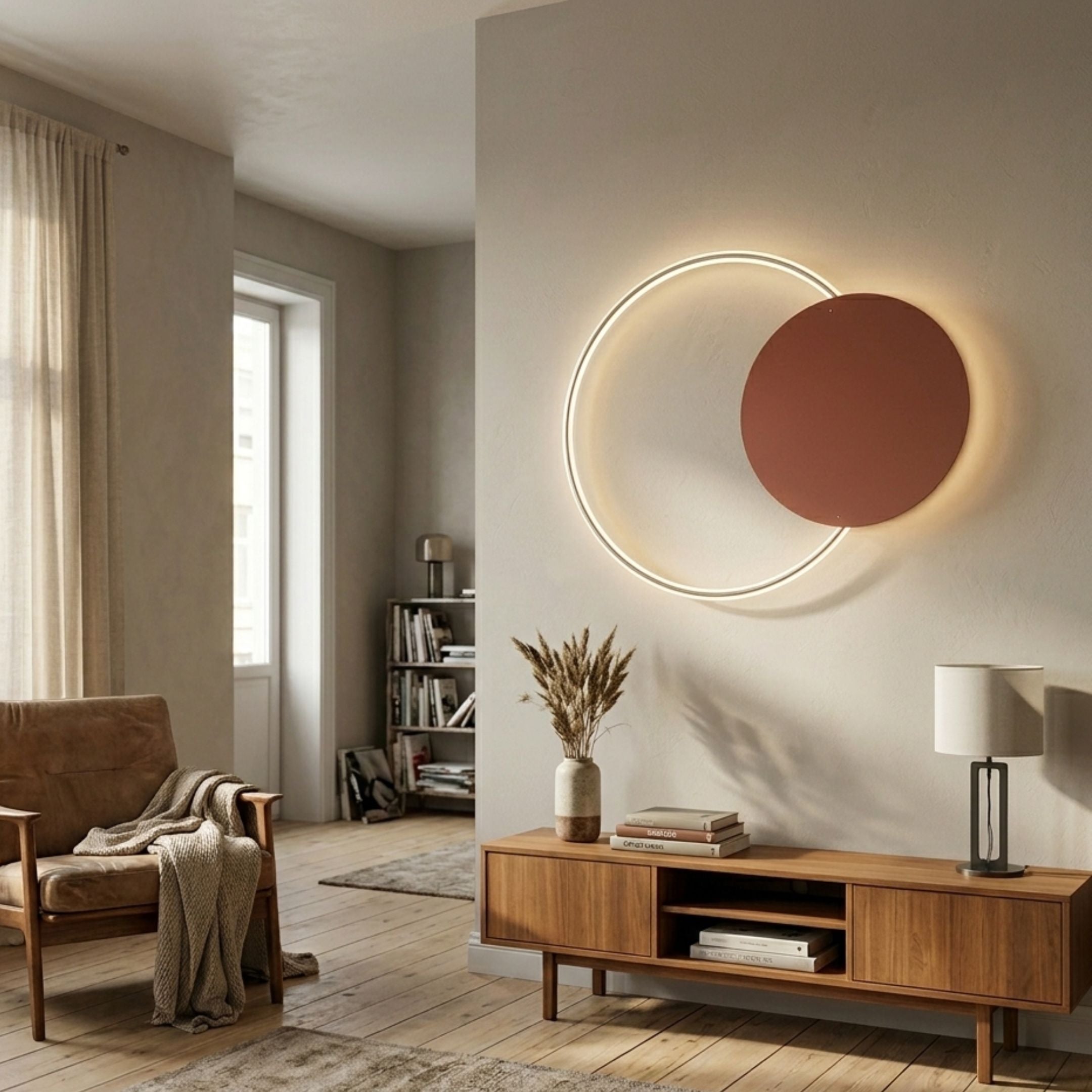 Soluna Copper Acrylic 3D LED Wall Art by Giant Sculptures displayed above a wooden sideboard in a living room, glowing ring overlapping a copper disc.