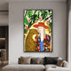 Solana Tropical Elegance Wood Relief 3D LED Wall Art by Giant Sculptures featuring a woman in red hat and floral jacket beside a leopard, above a sofa.