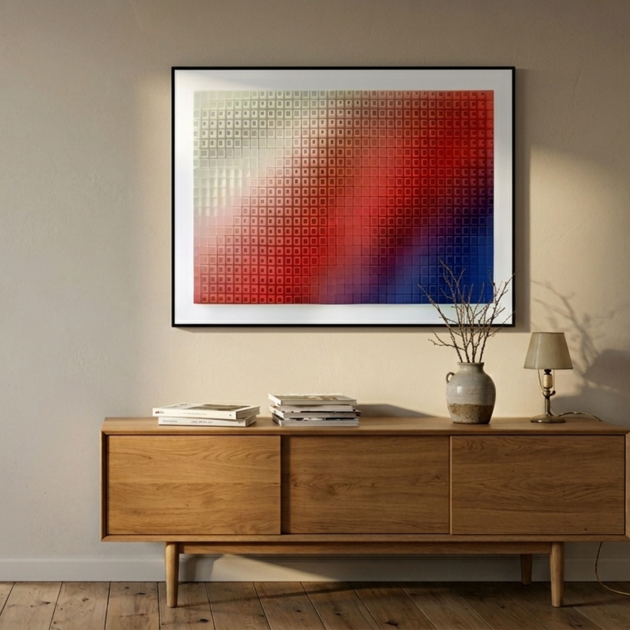 Elytrum Red & Blue Grid Gradient Hand-Painted Wood Relief 3D Wall Art in black frame, displayed above an oak sideboard with vase and lamp in a hallway.