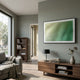 Elytrum Green Grid Gradient Hand-Painted Wood Relief 3D Wall Art by Giant Sculptures displayed above a walnut console in a sage-toned modern living room.